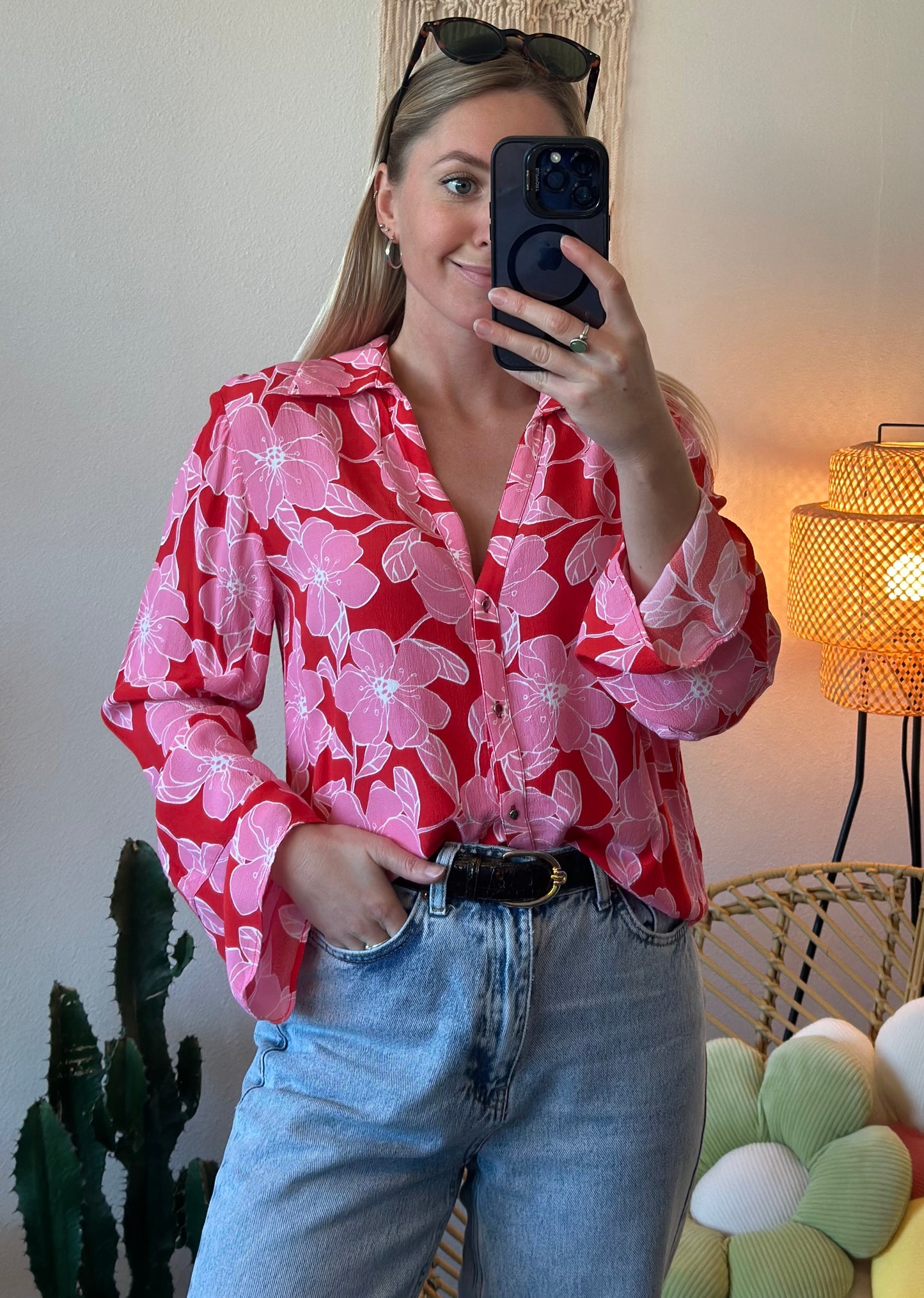 Chemise fluide à imprimé fleuri rose et rouge, coupe oversize, T.34