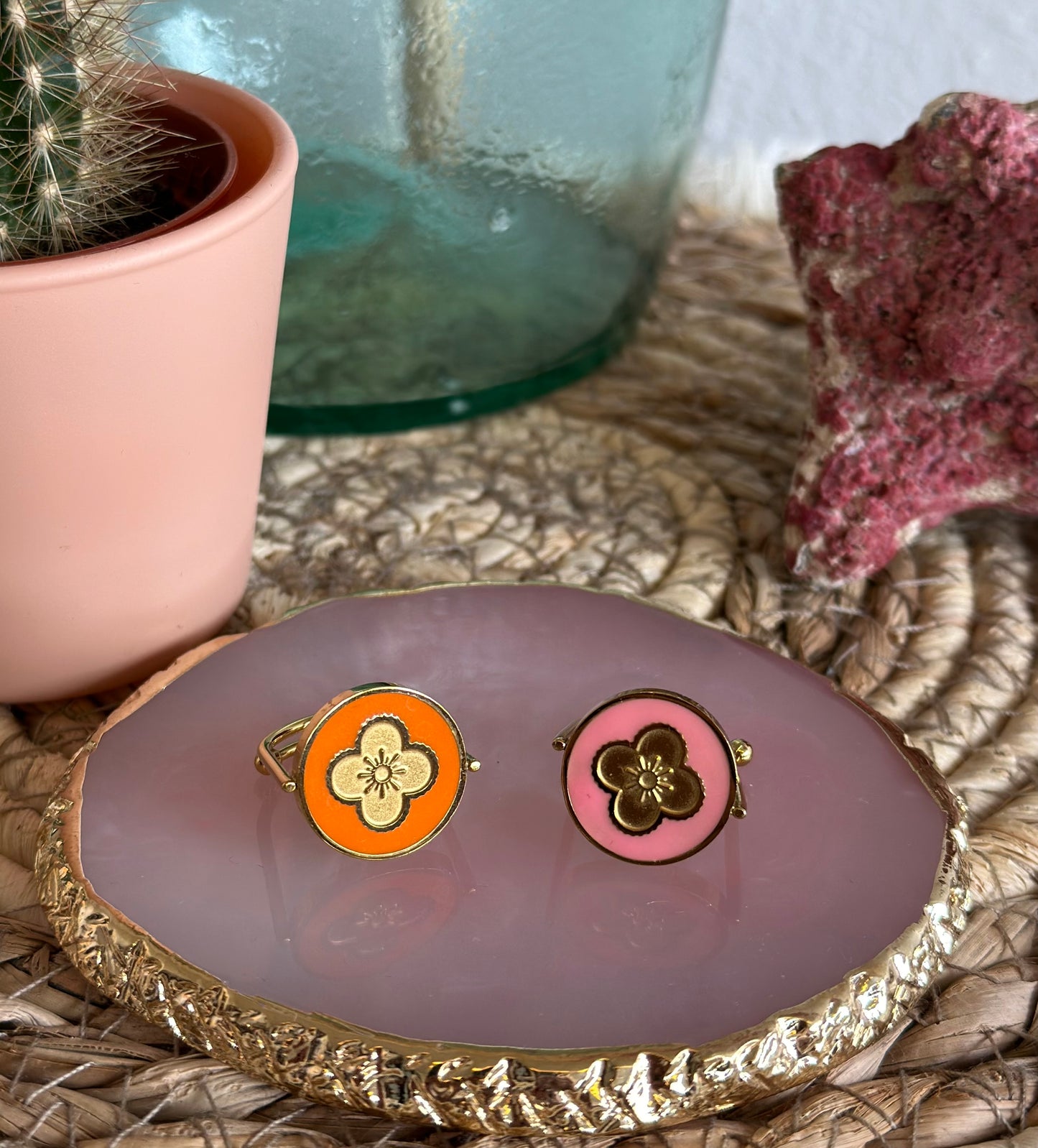 Bague trèfle ajustable en acier inoxydable, couleur orange ou rose