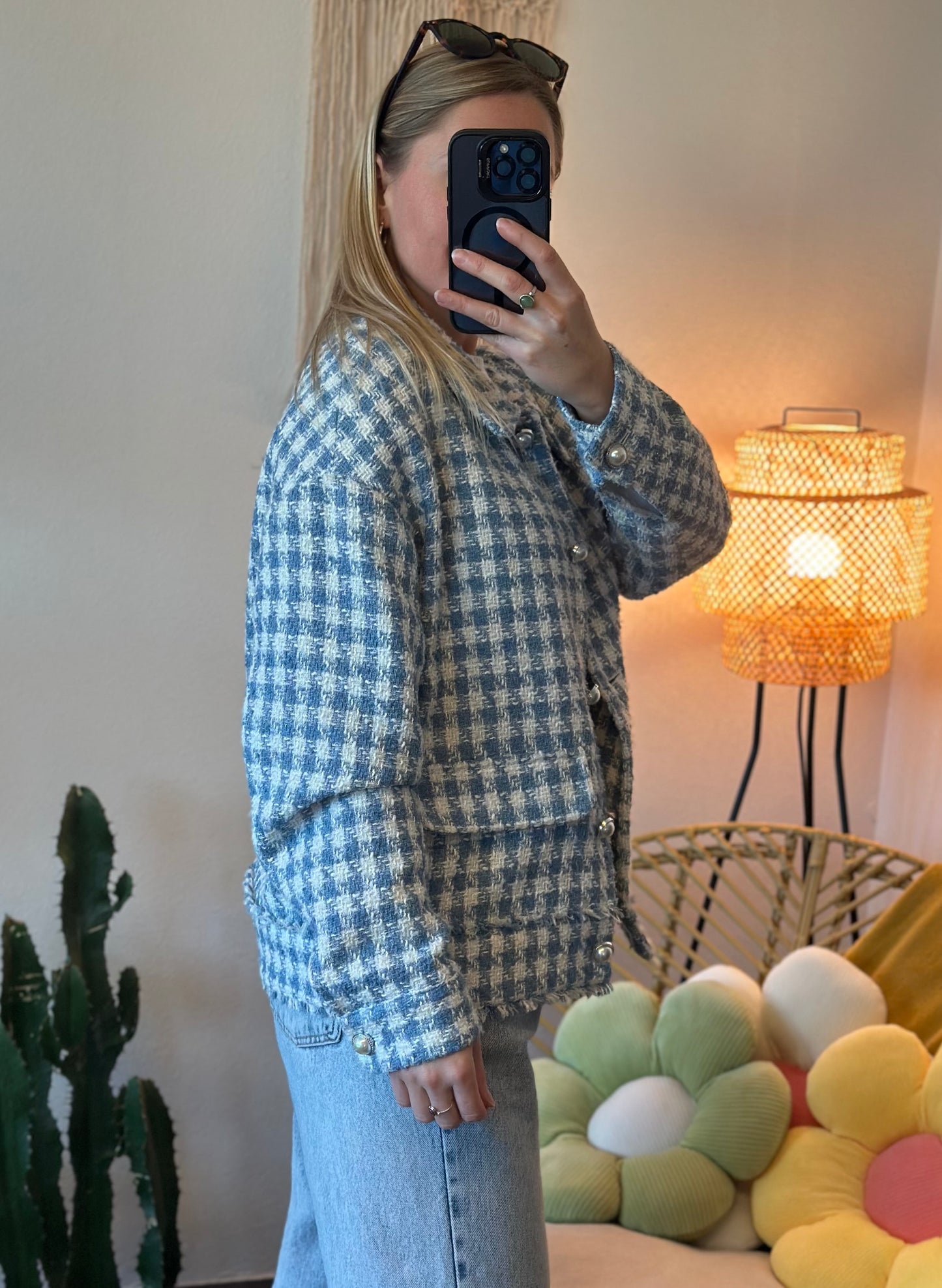 Veste en tweed pied-de-poule bleu et blanc, T.36