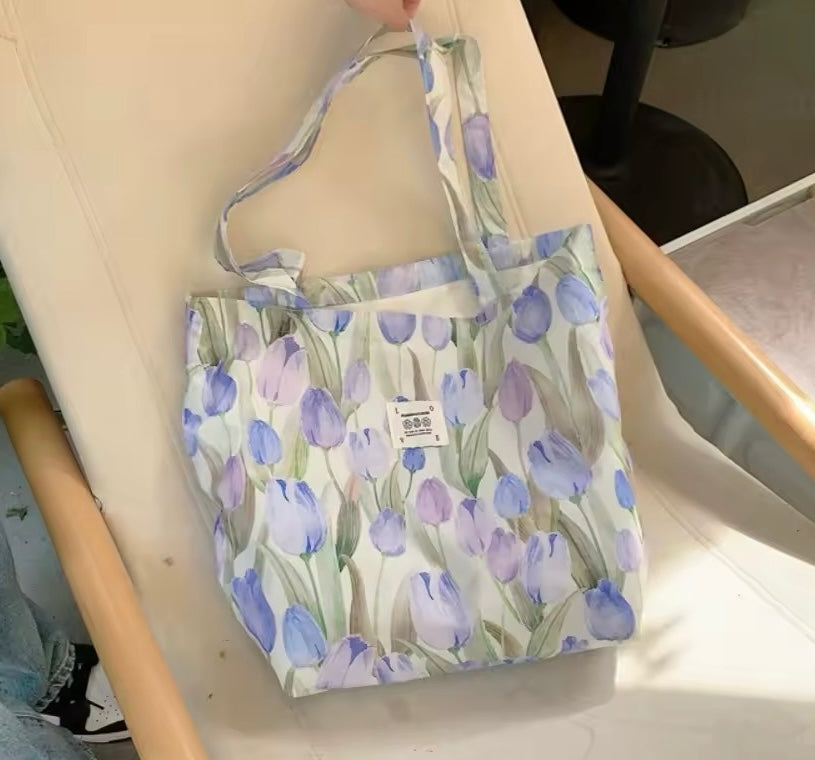 Sac tote bag en tissu imprimé de tulipes lila bleu neuf