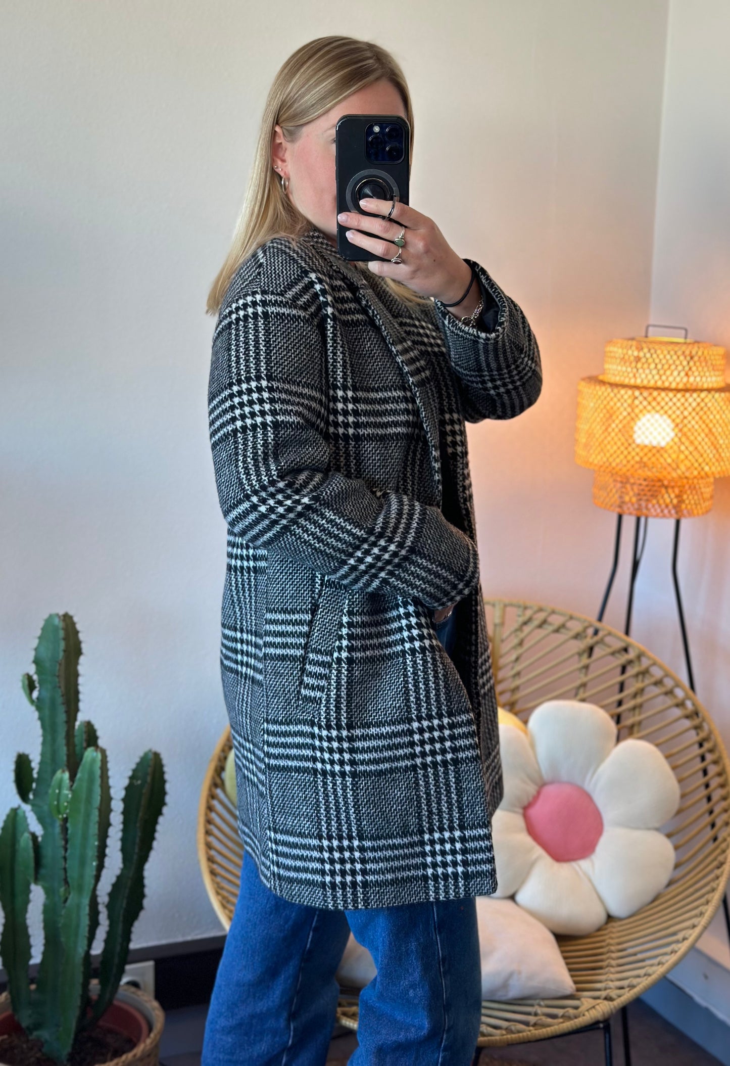 Manteau long pied de poule effet laine T.34