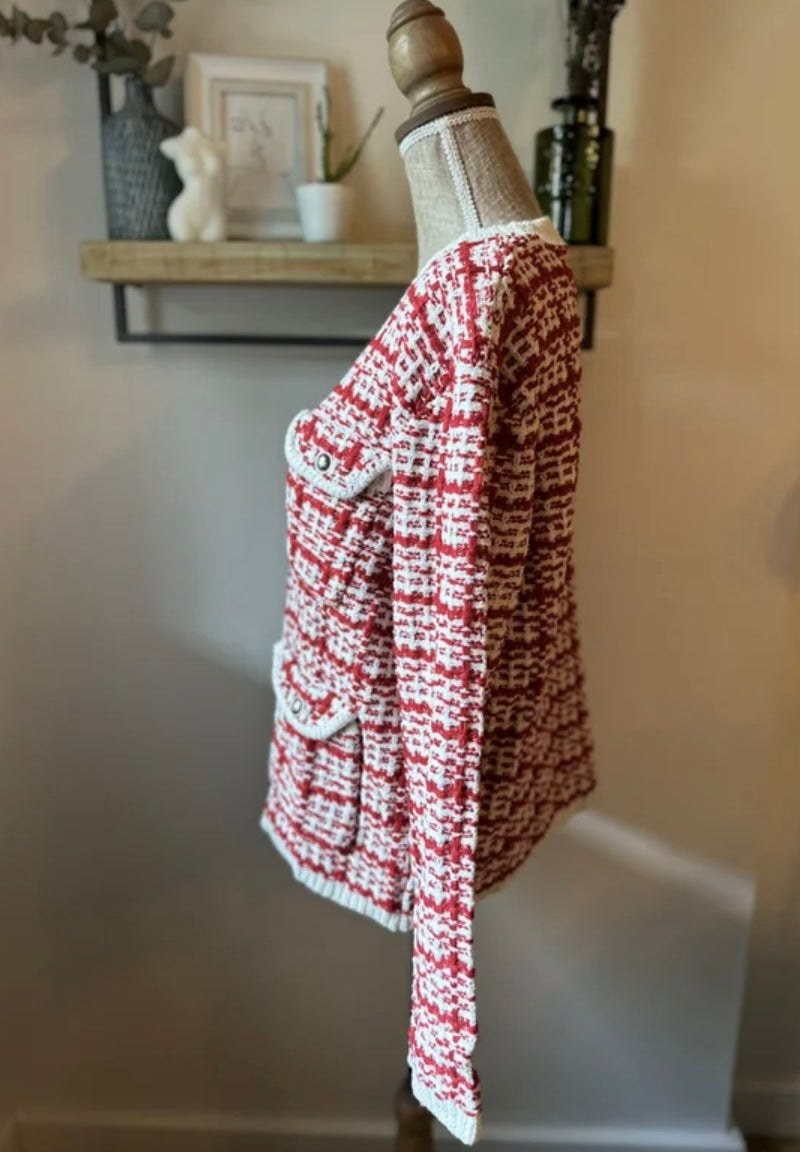 Cardigan rouge et blanc en maille effet tweed T.36