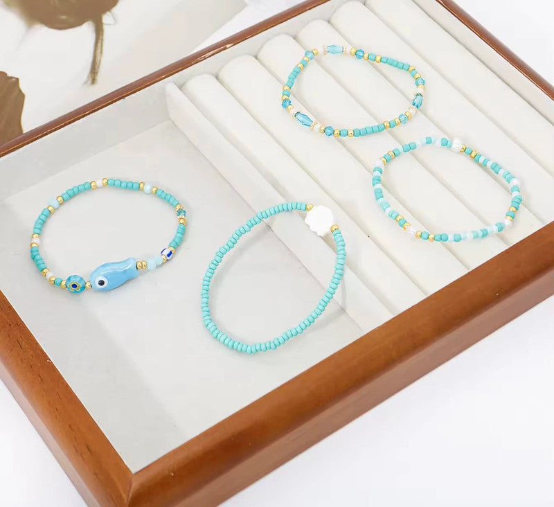 Lot de 4 bracelets perles bleu & doré – style bohème été, neufs