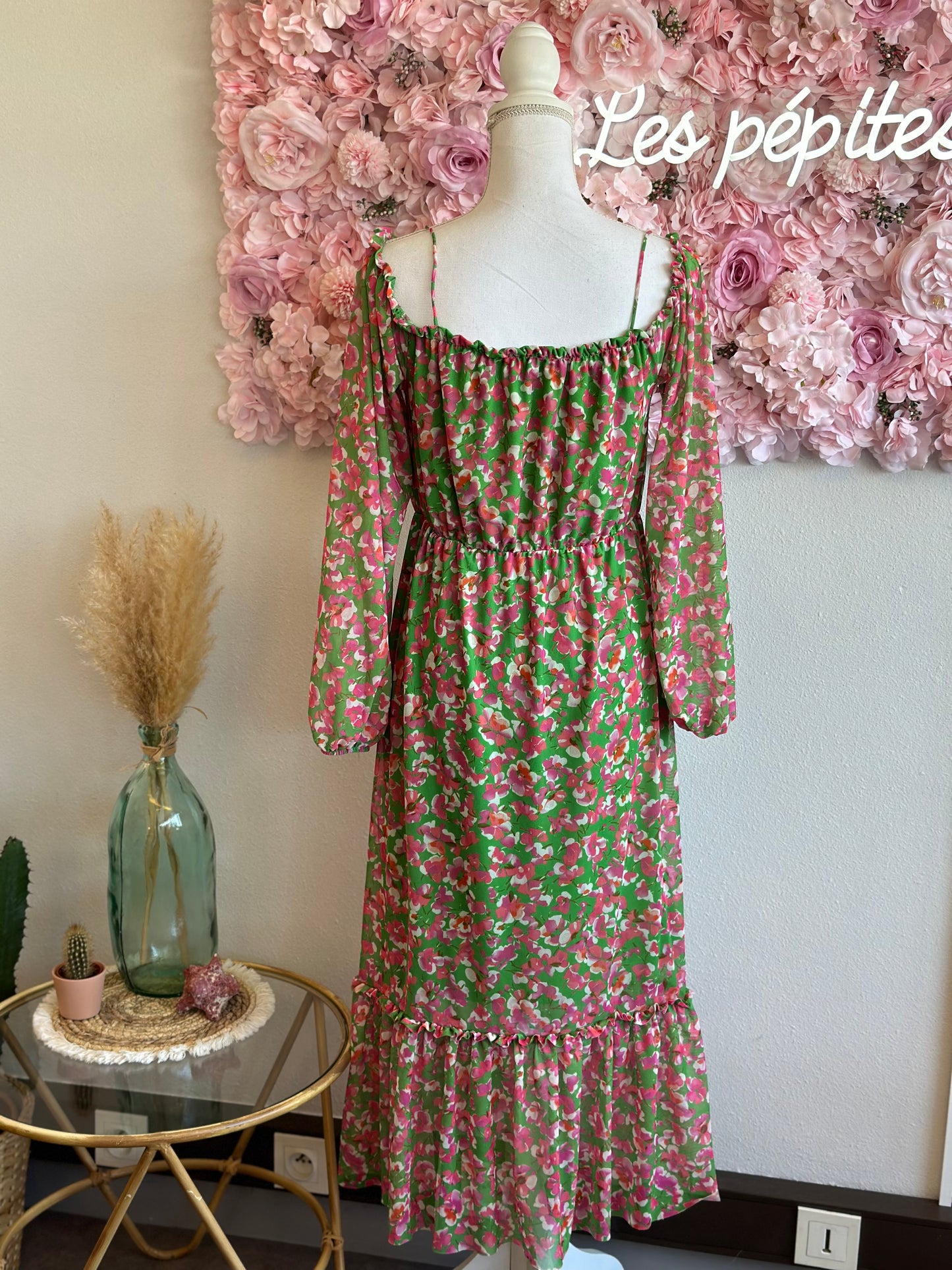 Robe longue d’été verte et rose à motifs fleuris, T.38