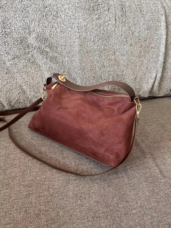 Sac marron suédine et similicuir détails dorés