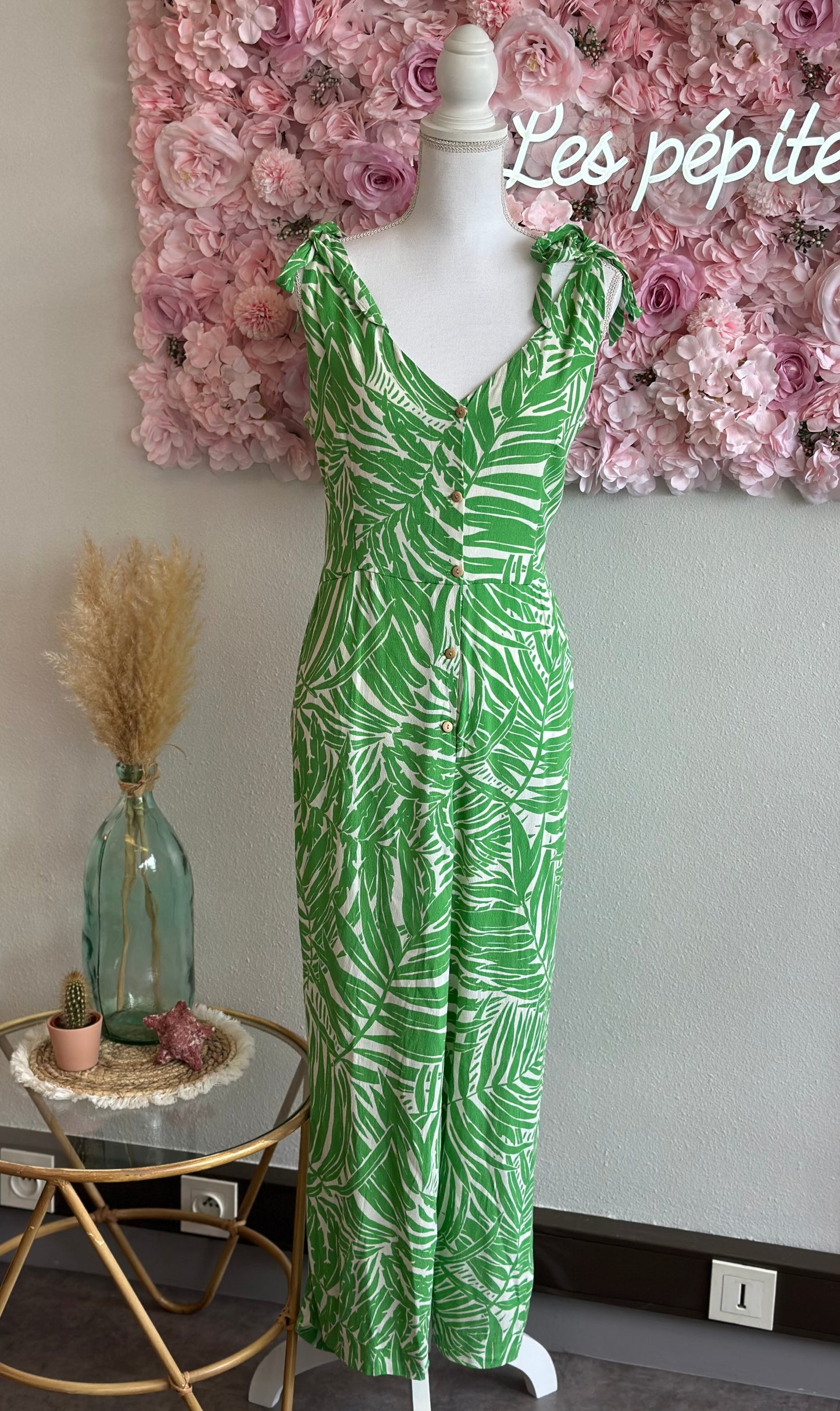 Combinaison estivale fluide à motifs tropicaux verts et blancs, T.42