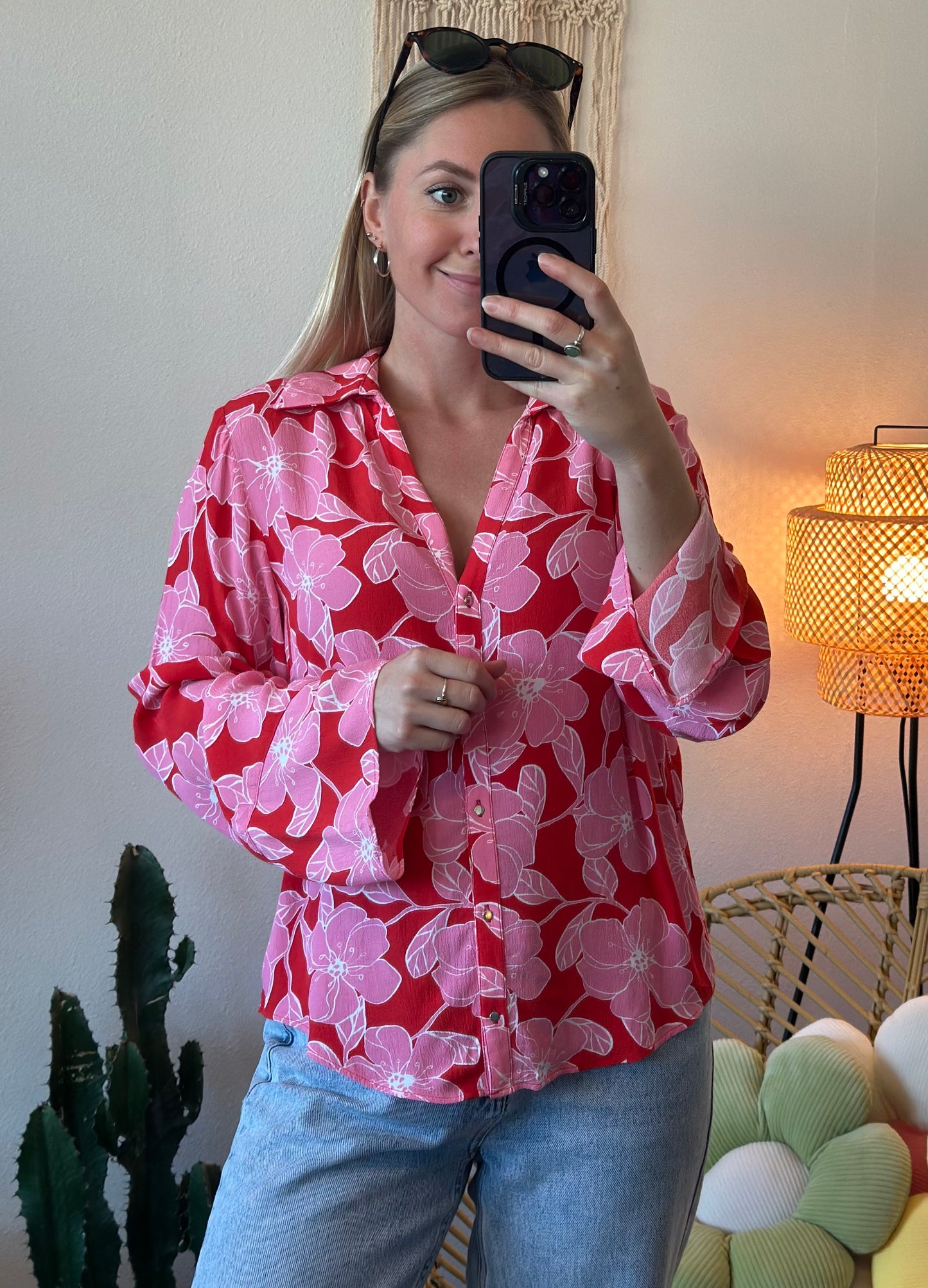 Chemise fluide à imprimé fleuri rose et rouge, coupe oversize, T.34