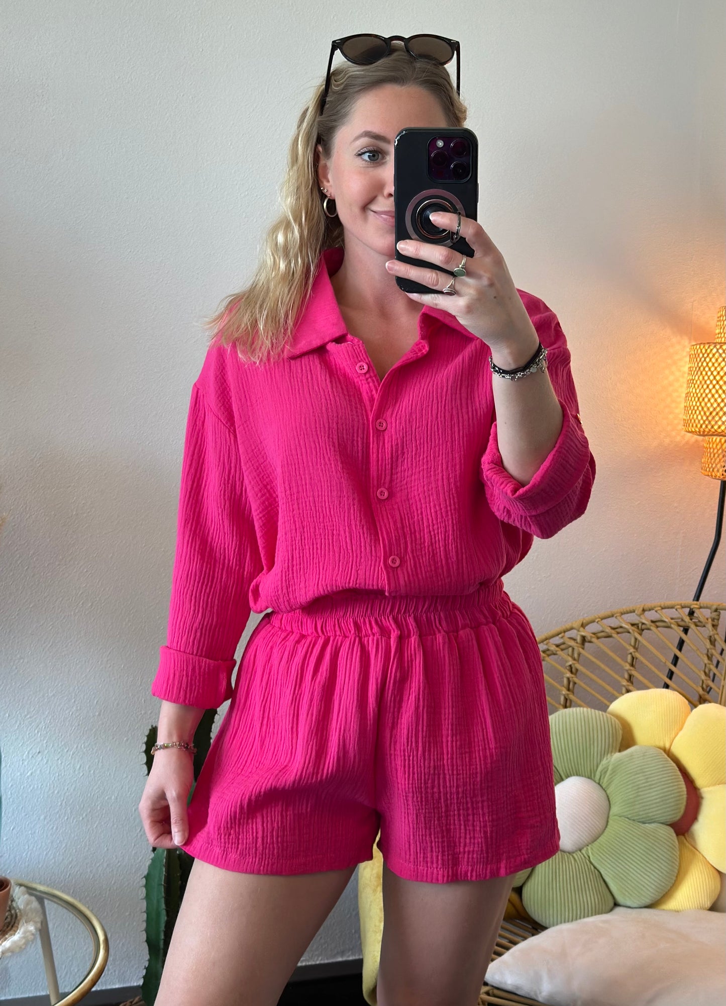 Ensemble deux pièces en gaze de coton rose T.36