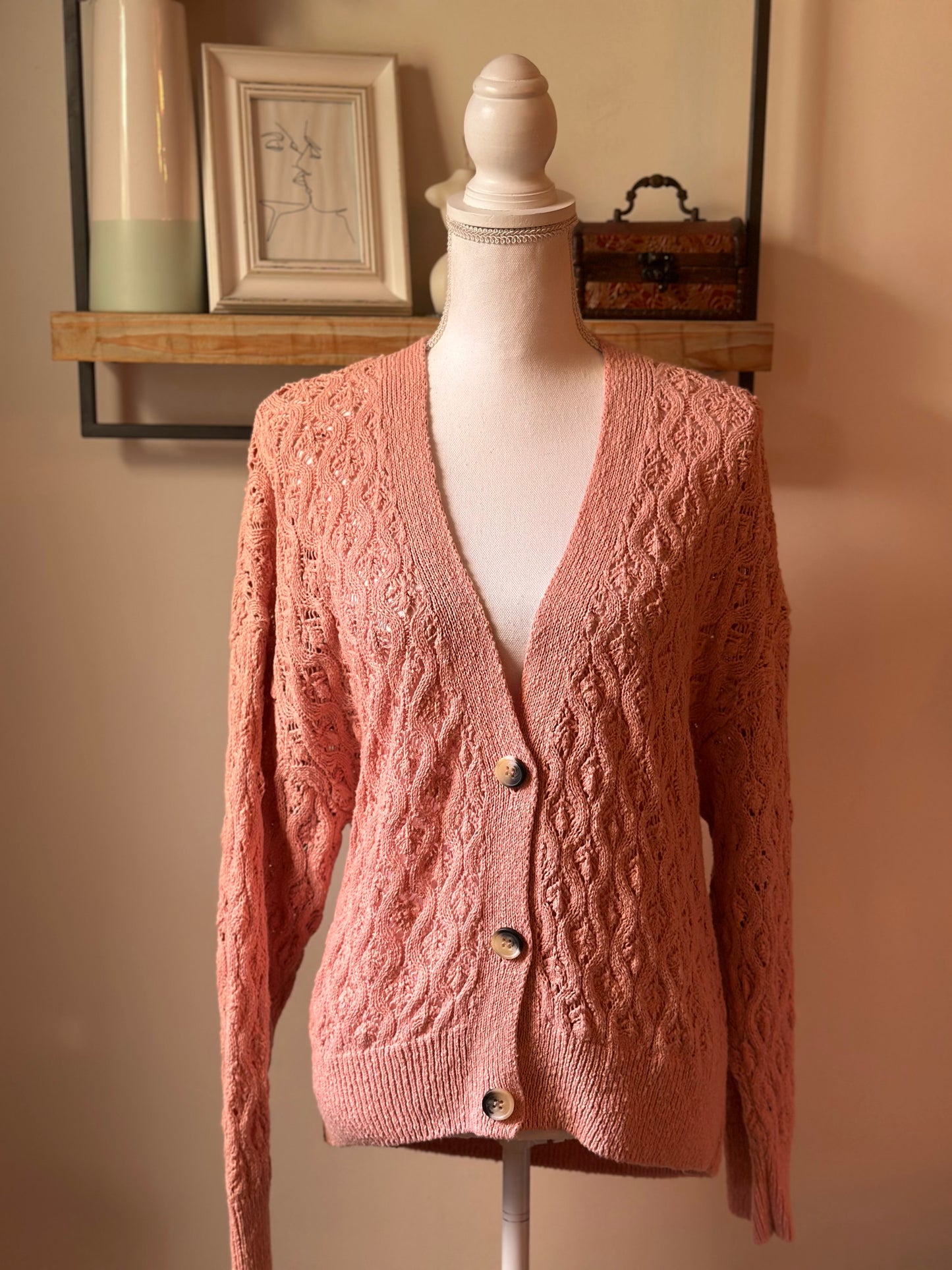Gilet ajouré rose poudré en coton T.36 (coupe oversize)