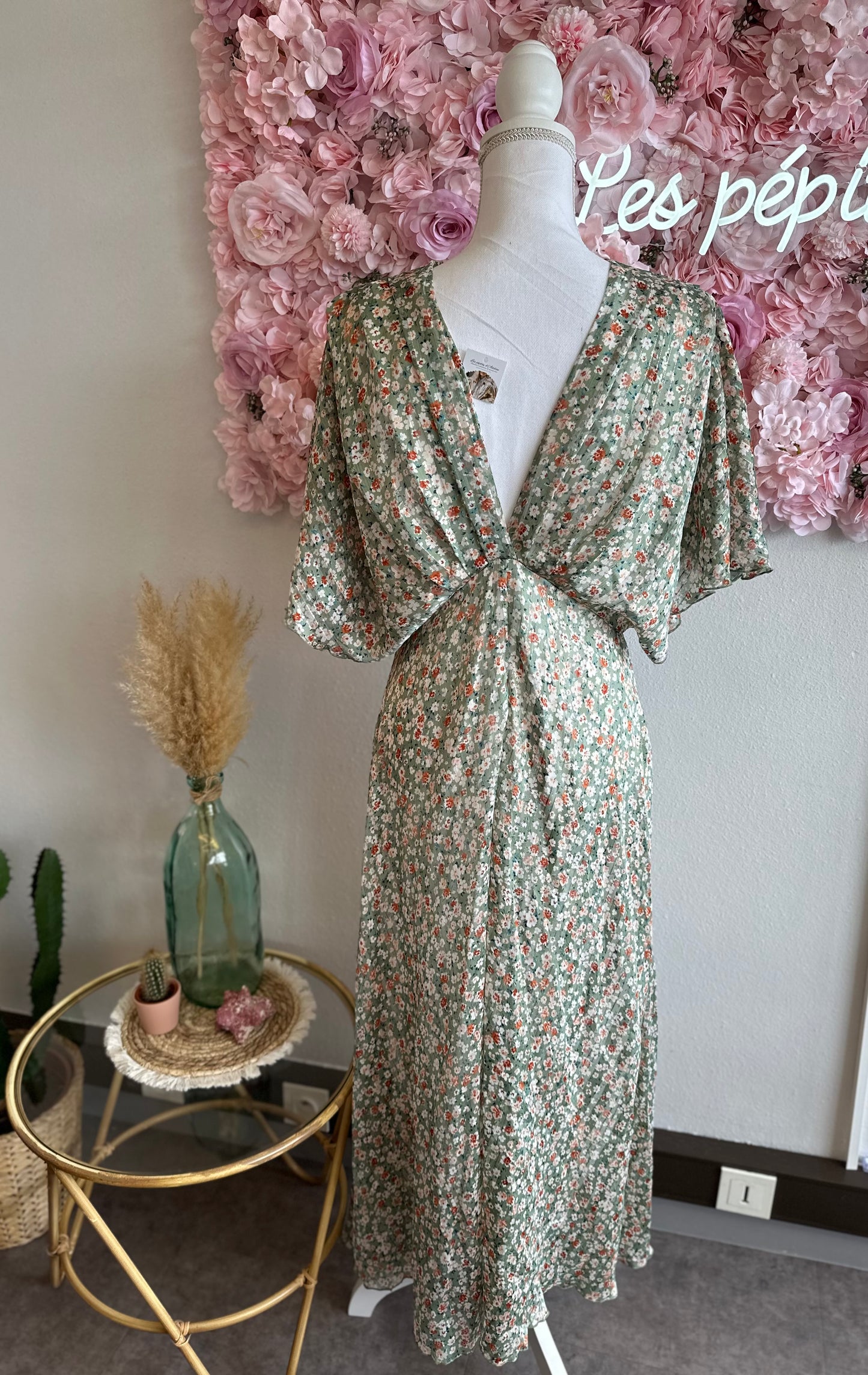 Robe longue imprimée fleurs vert clair et lurex argenté T.36/38
