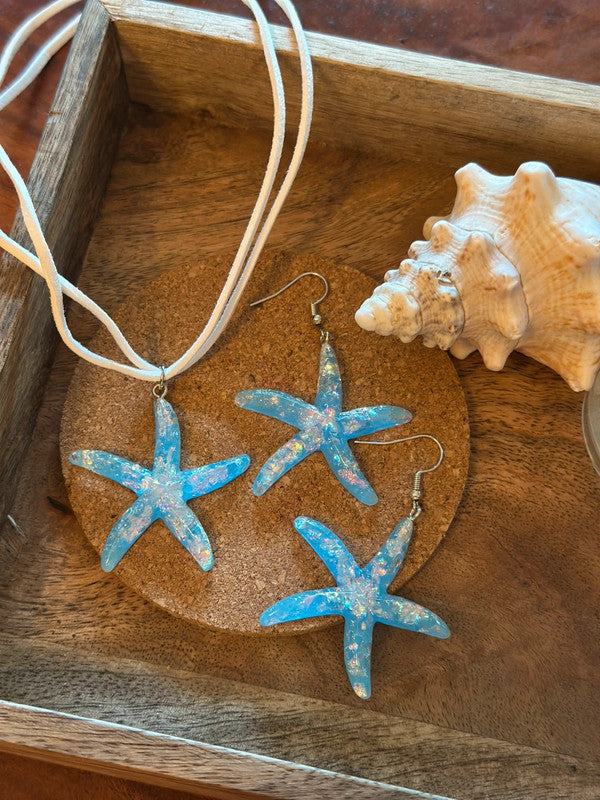Set bijoux étoiles de mer bleu – collier ras-du-cou + boucles assorties