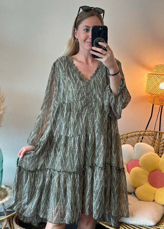 Robe fluide à motifs kaki et blancs, lurex doré, T.42/44