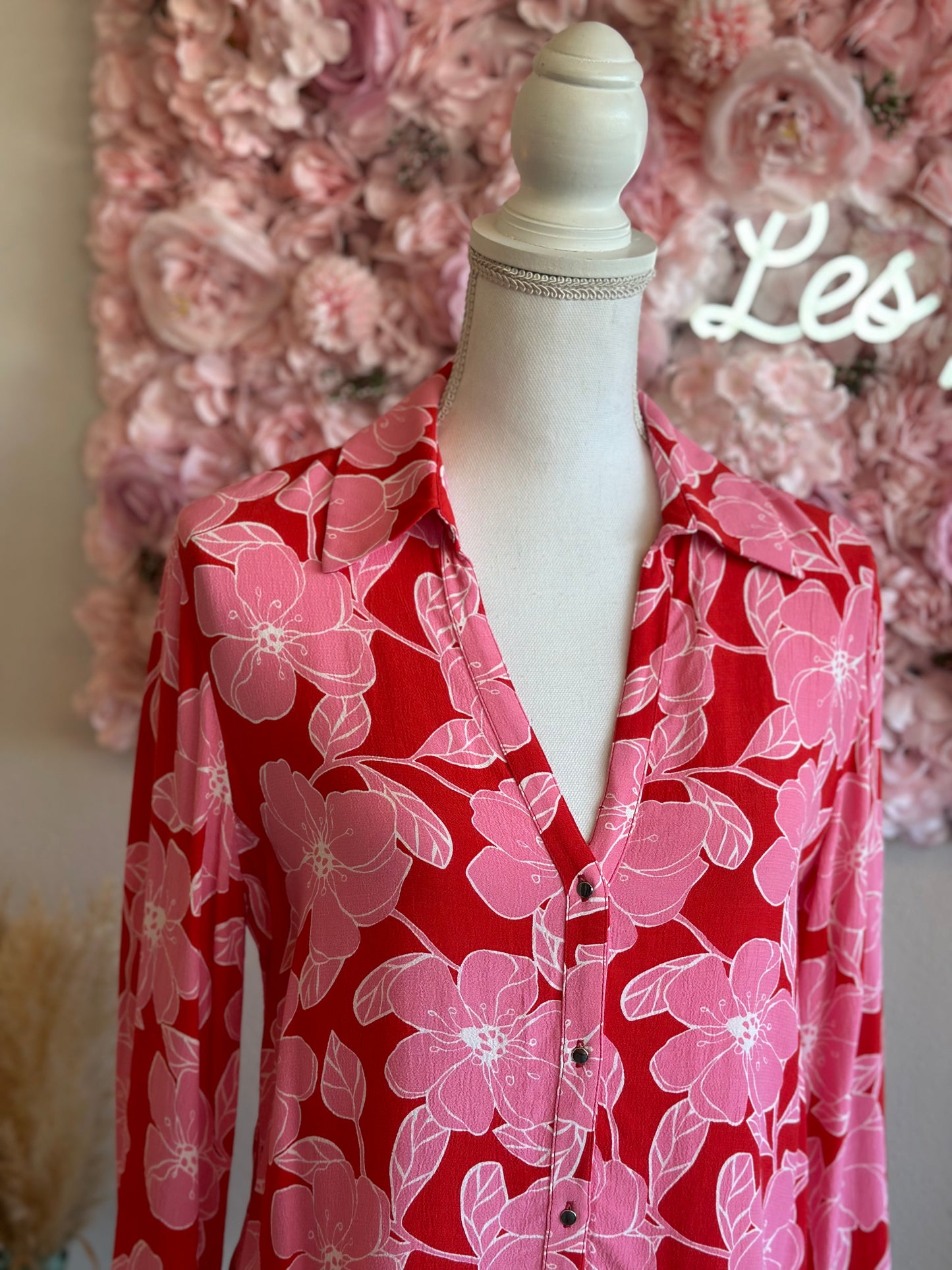 Chemise fluide à imprimé fleuri rose et rouge, coupe oversize, T.34