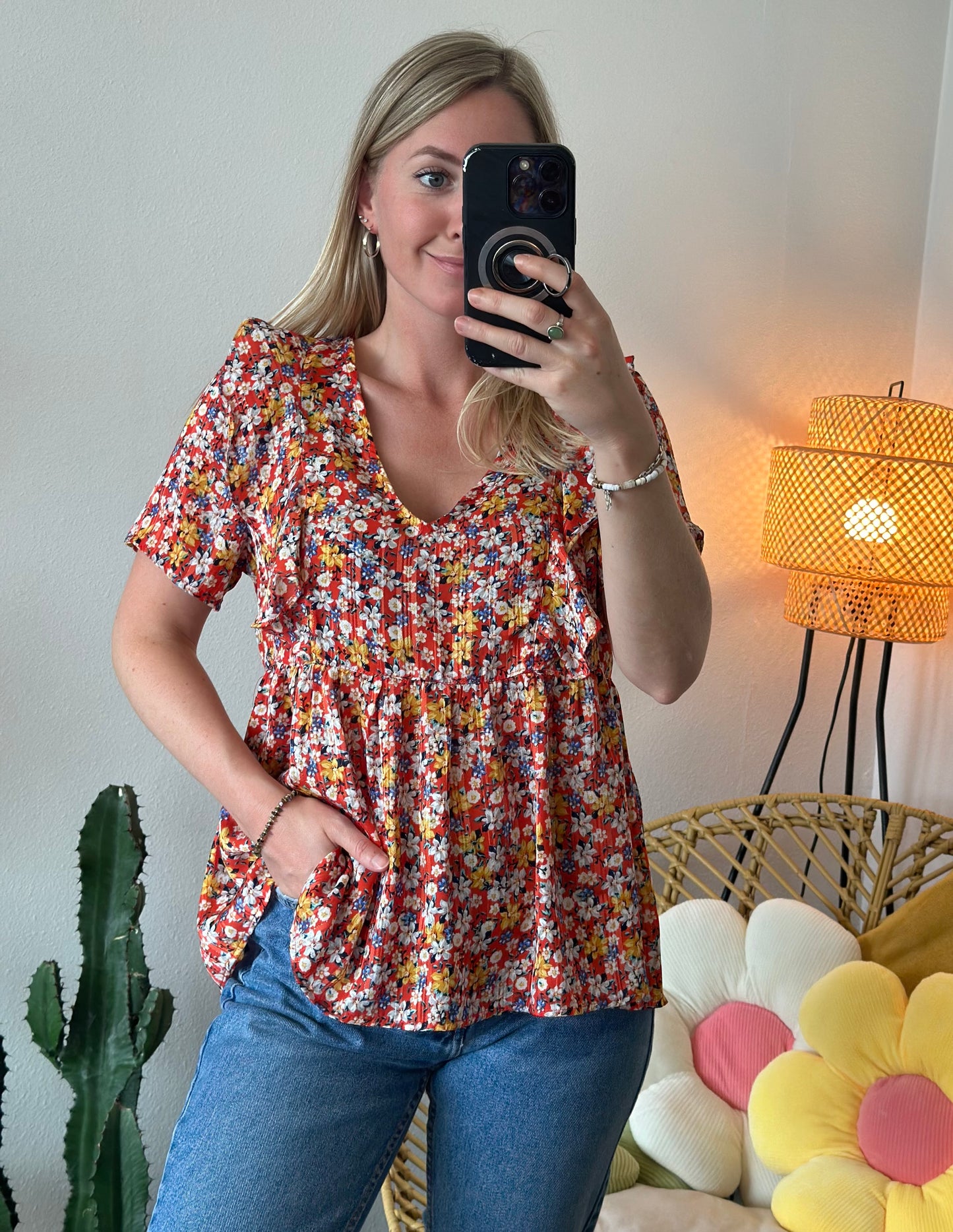 Blouse d'été à coupe fluide motifs fleuris colorés, T.36/38