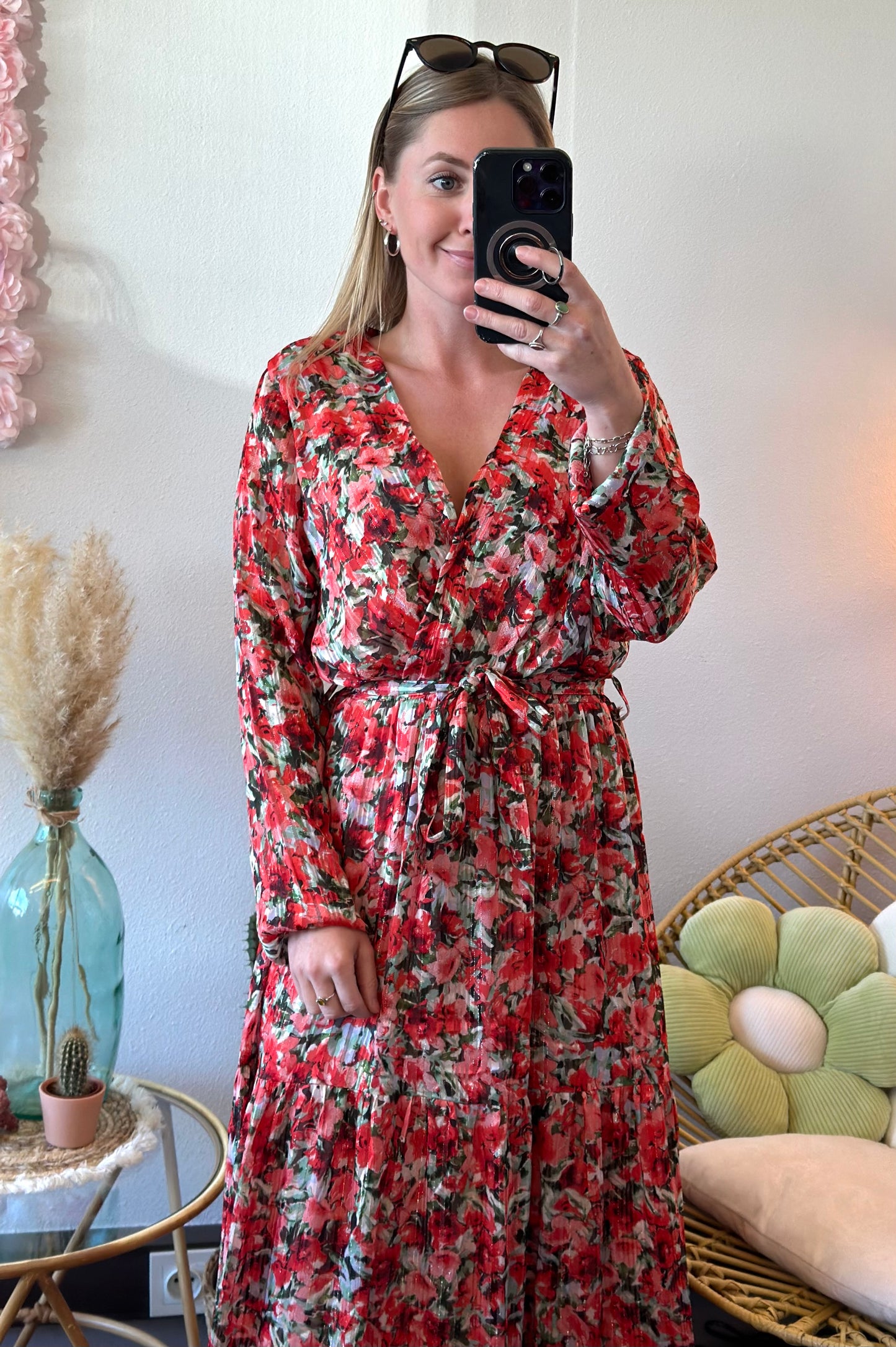 Robe longue motifs fleuris rouge corail T.38