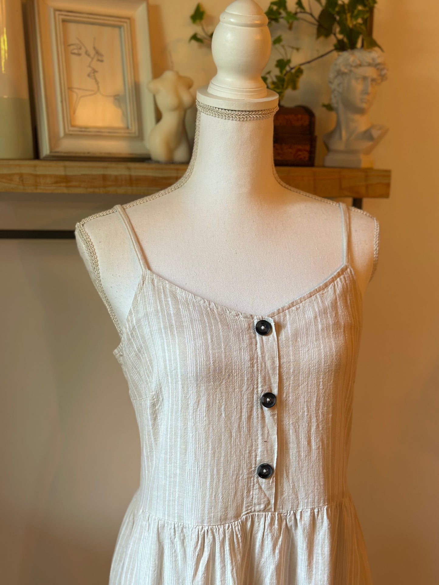 Robe midi à rayures fines beige – en lin T.40