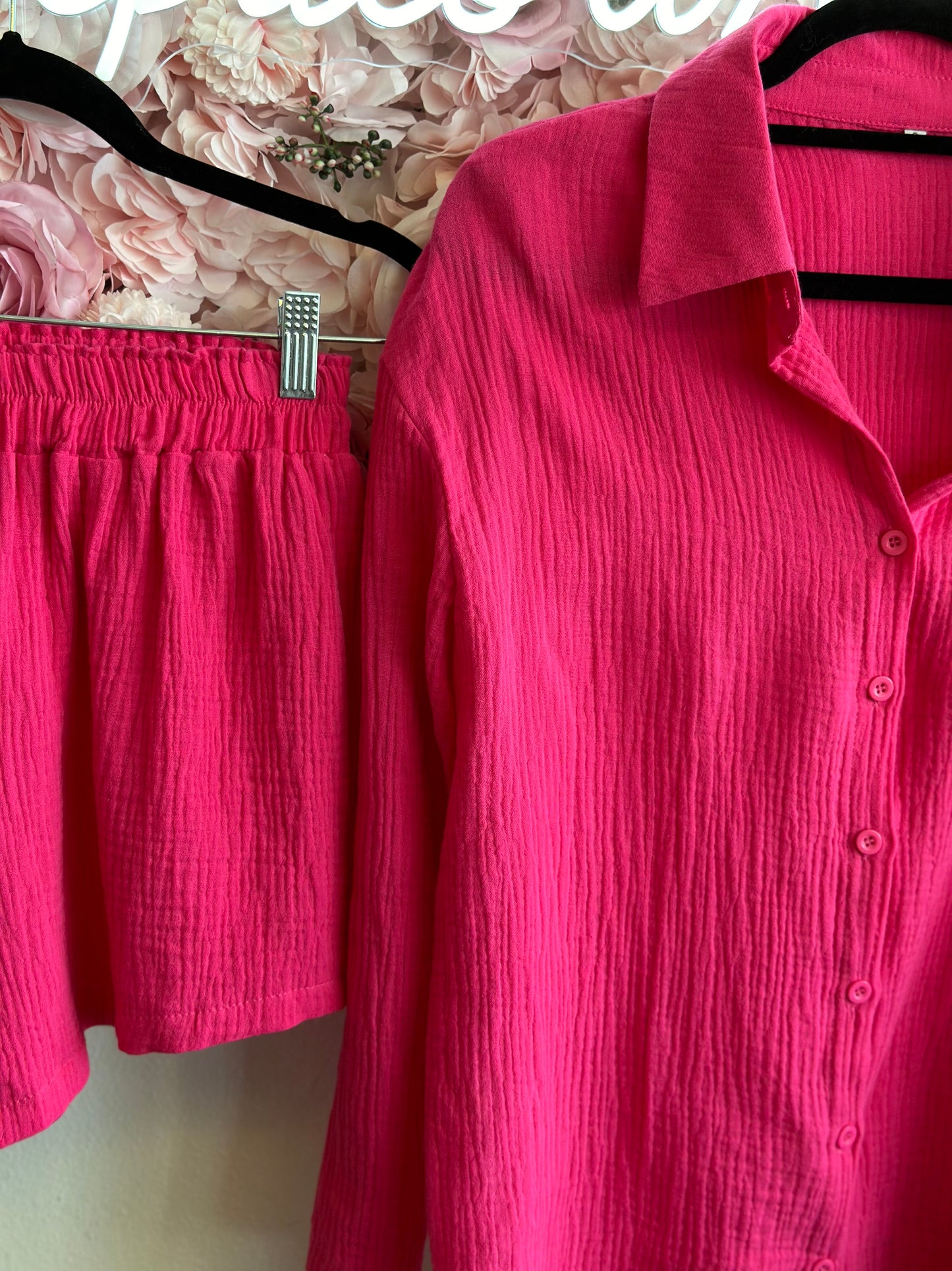 Ensemble deux pièces en gaze de coton rose T.36