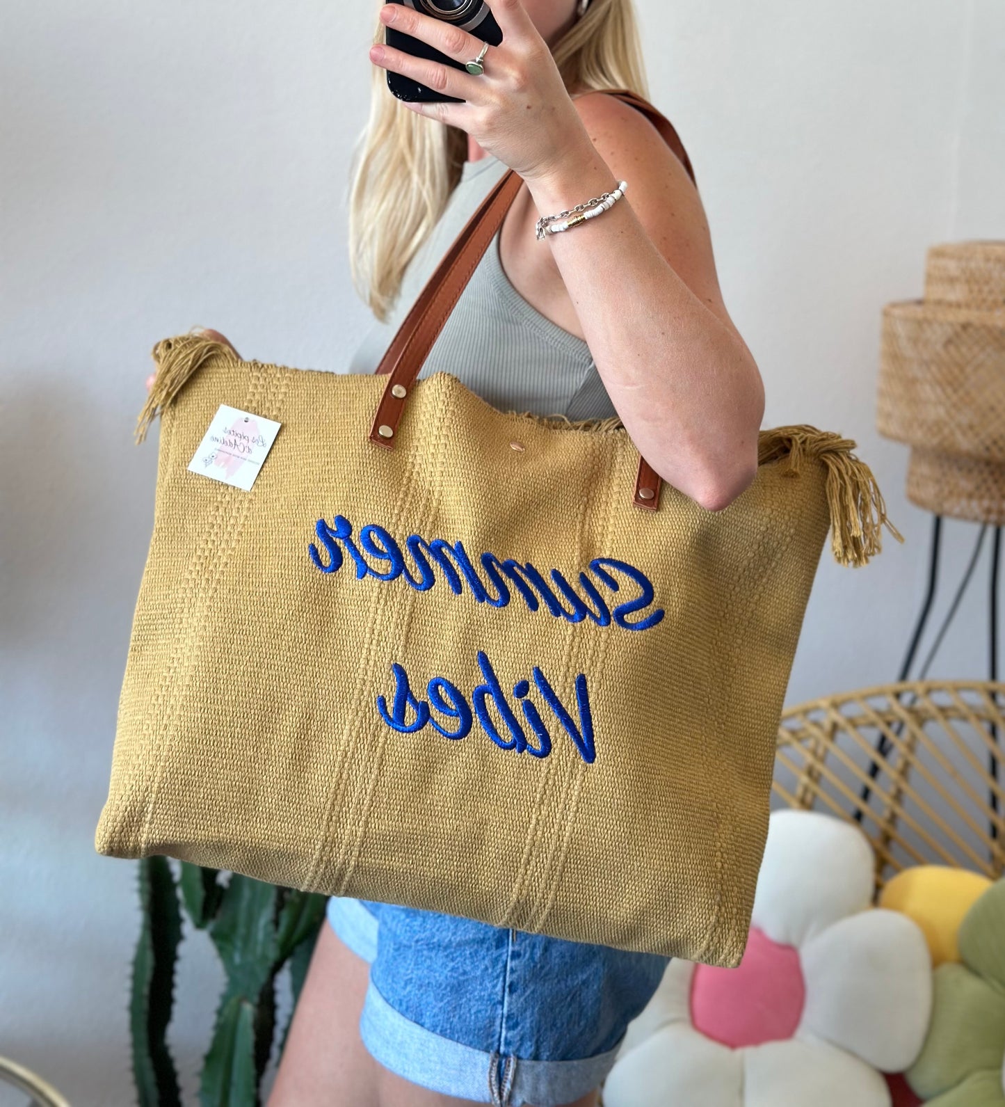 Sac cabas en osier porté épaule, imprimé Summer Vibes