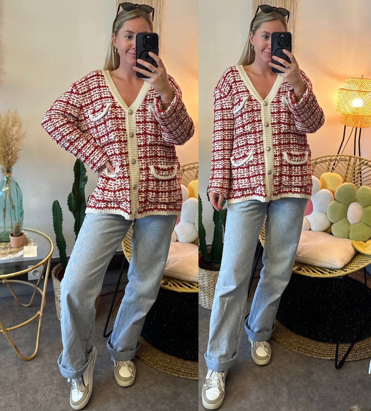 Cardigan rouge et blanc en maille effet tweed T.36