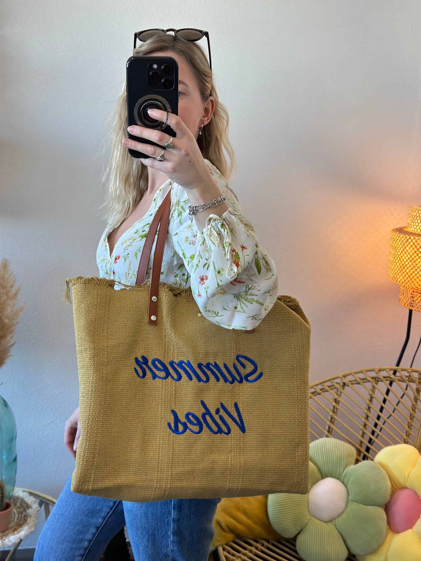 Sac cabas en osier porté épaule, imprimé Summer Vibes