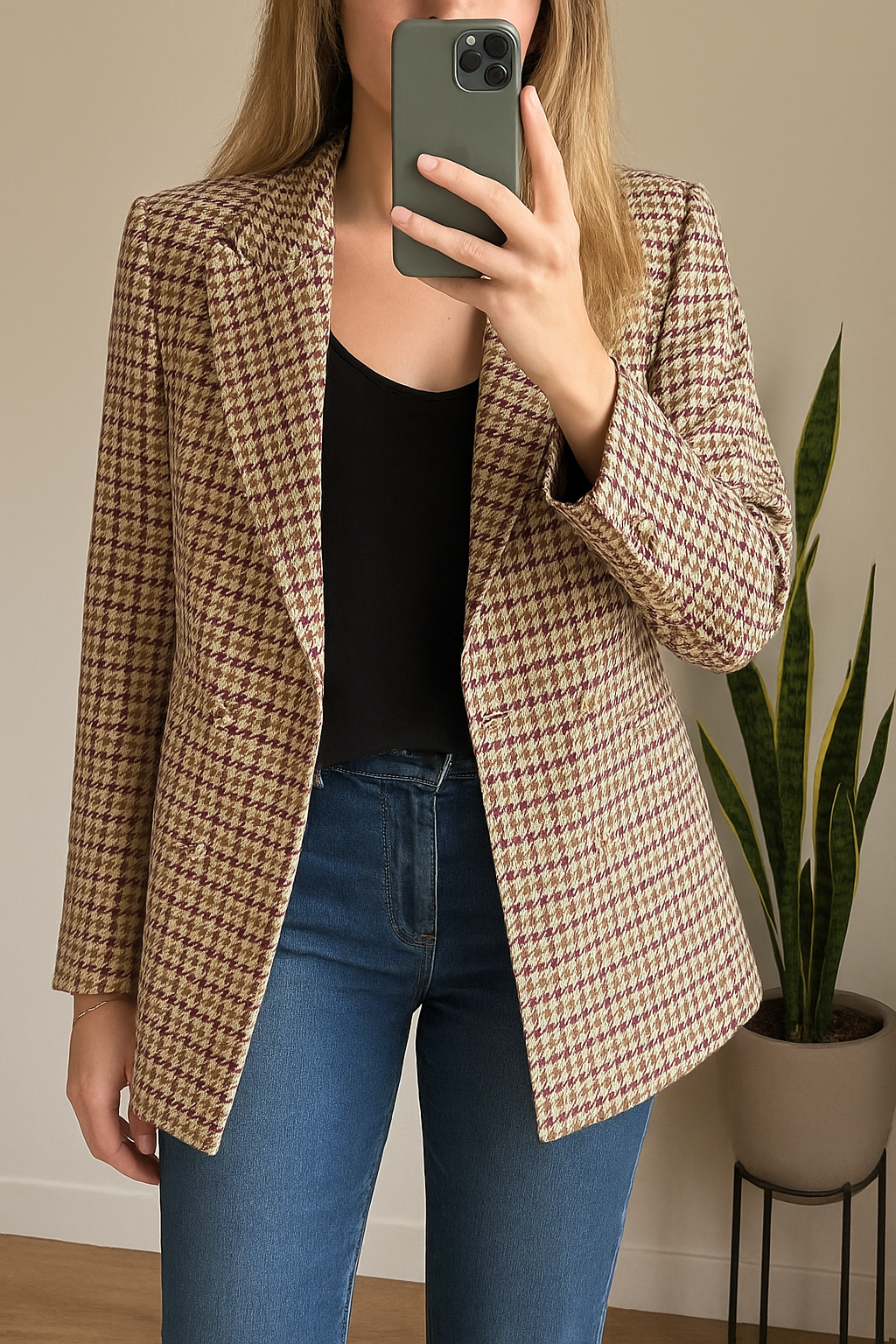 Veste blazer à carreaux pied-de-poule T.38