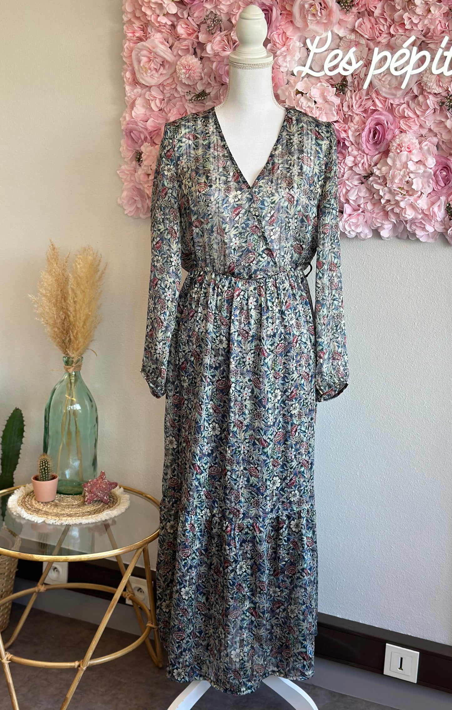 Robe longue en voile imprimé fleuri et lurex, T.38