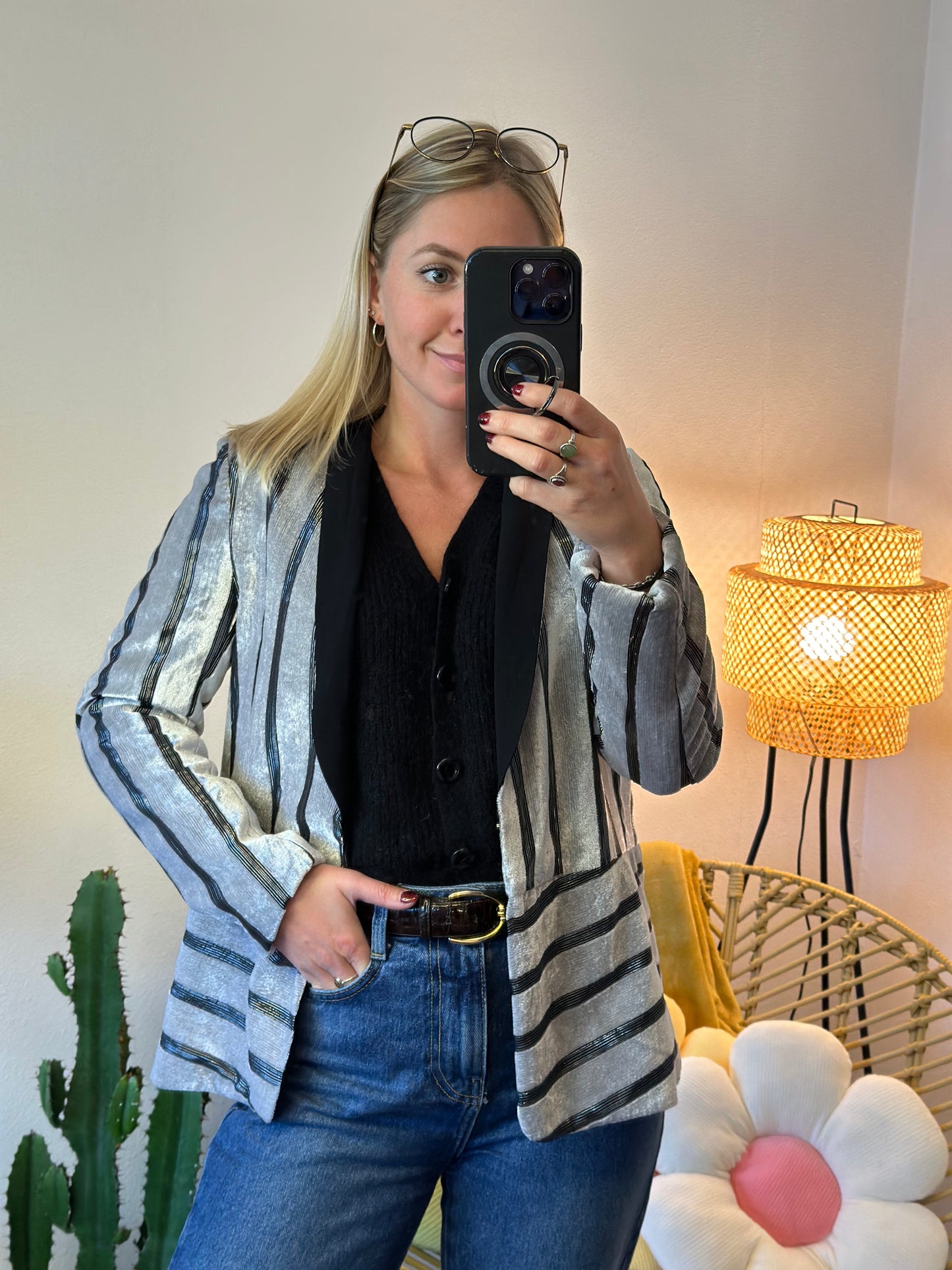 Veste de blazer en velours, rayures noires et grises argentées, T.38