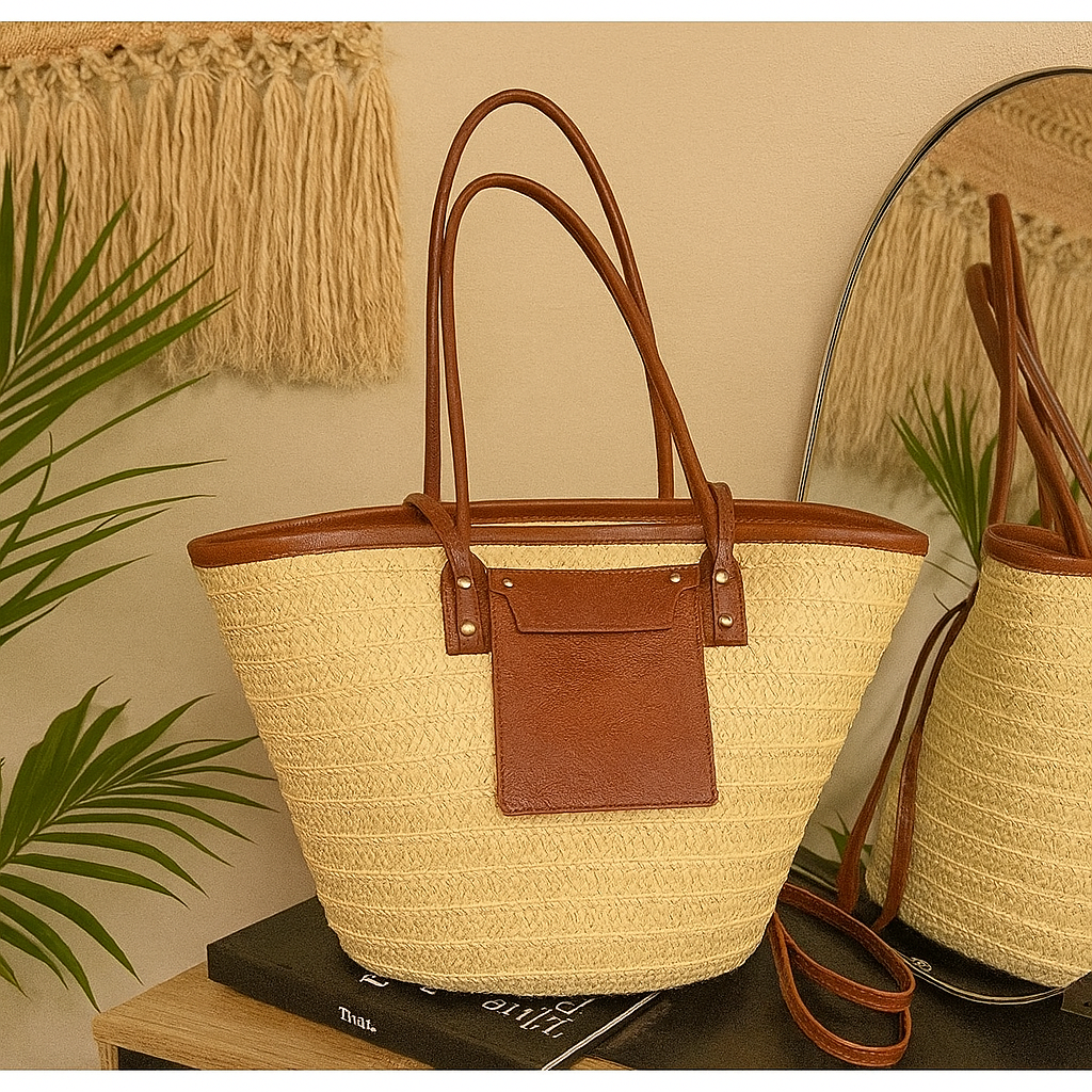 Sac cabas paille tressée effet cuir brun – Neuf