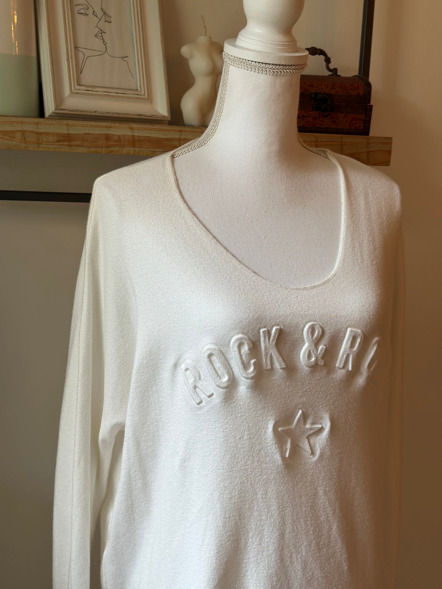 Pull blanc “Rock & Roll” en viscose Made in Italy T.U