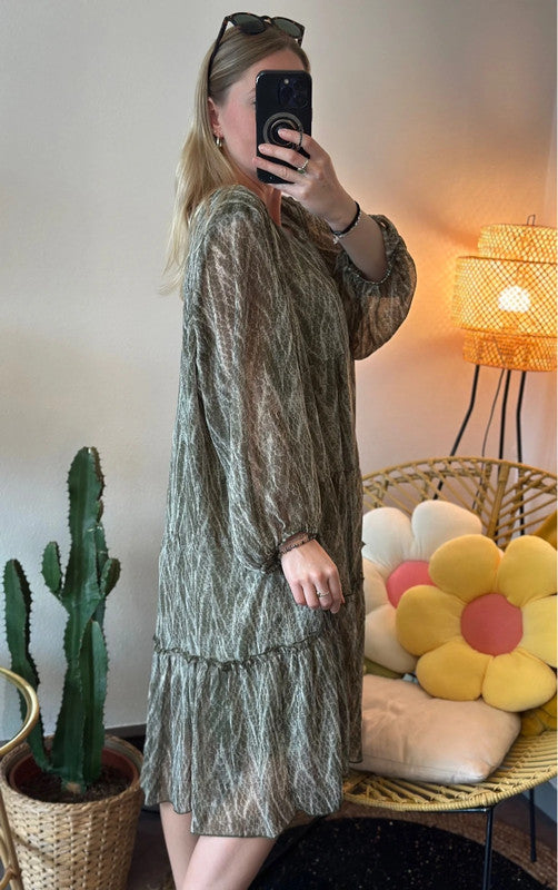 Robe fluide à motifs kaki et blancs, lurex doré, T.42/44
