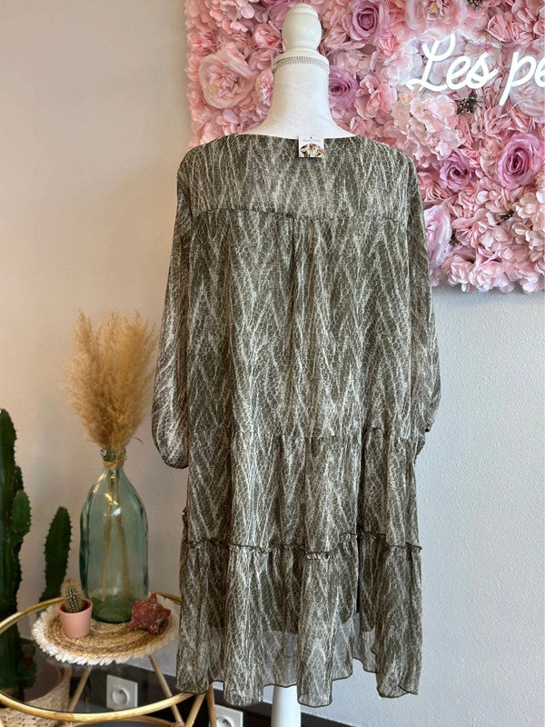 Robe fluide à motifs kaki et blancs, lurex doré, T.42/44