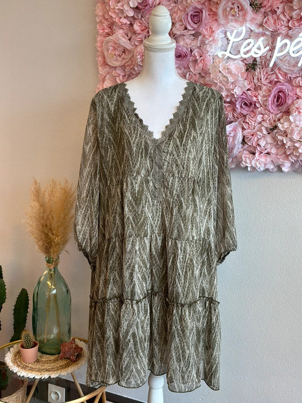 Robe fluide à motifs kaki et blancs, lurex doré, T.42/44