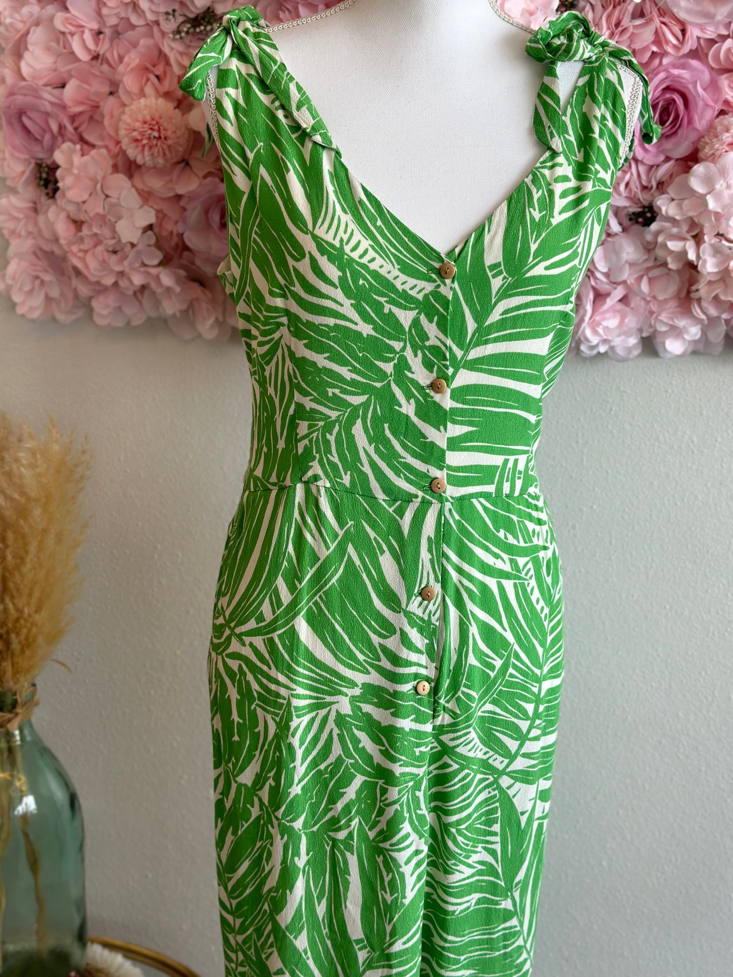 Combinaison estivale fluide à motifs tropicaux verts et blancs, T.42