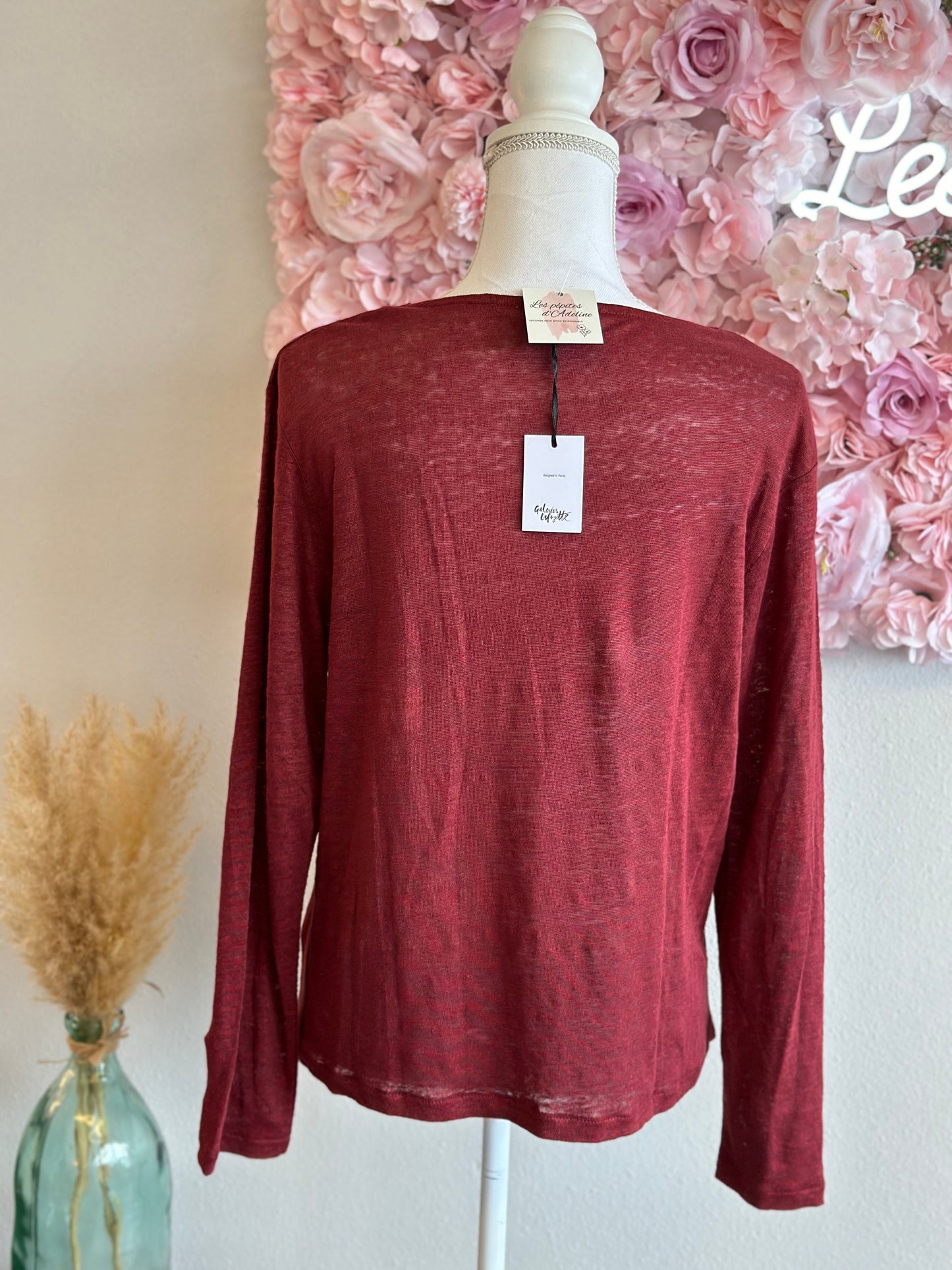 Pull en lin maille fine bordeaux, T.36/38, oversize, neuf avec étiquette