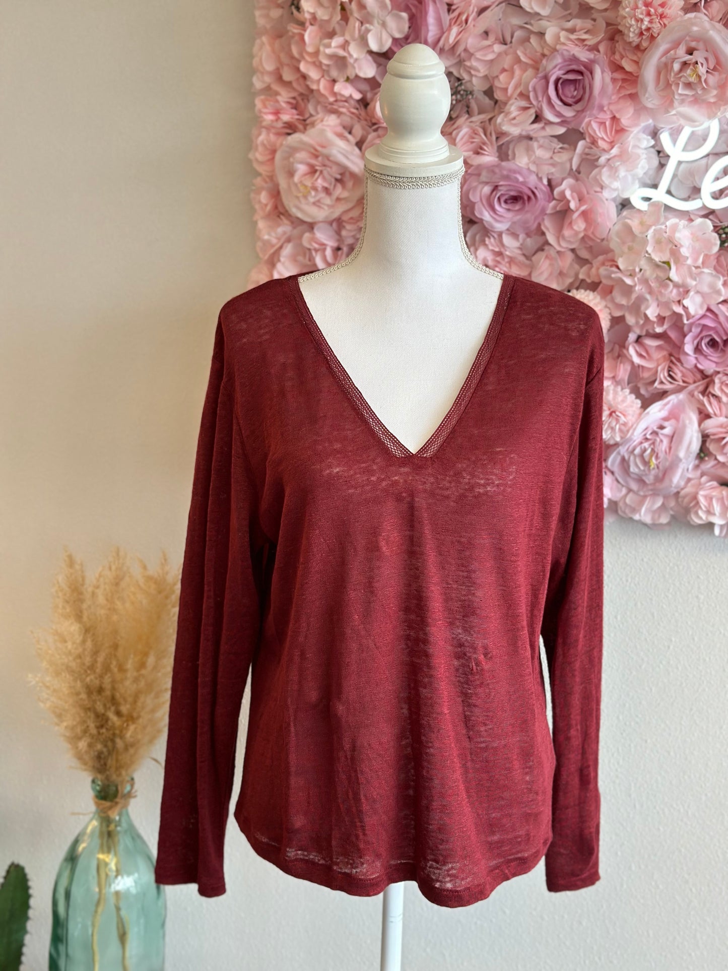 Pull en lin maille fine bordeaux, T.36/38, oversize, neuf avec étiquette