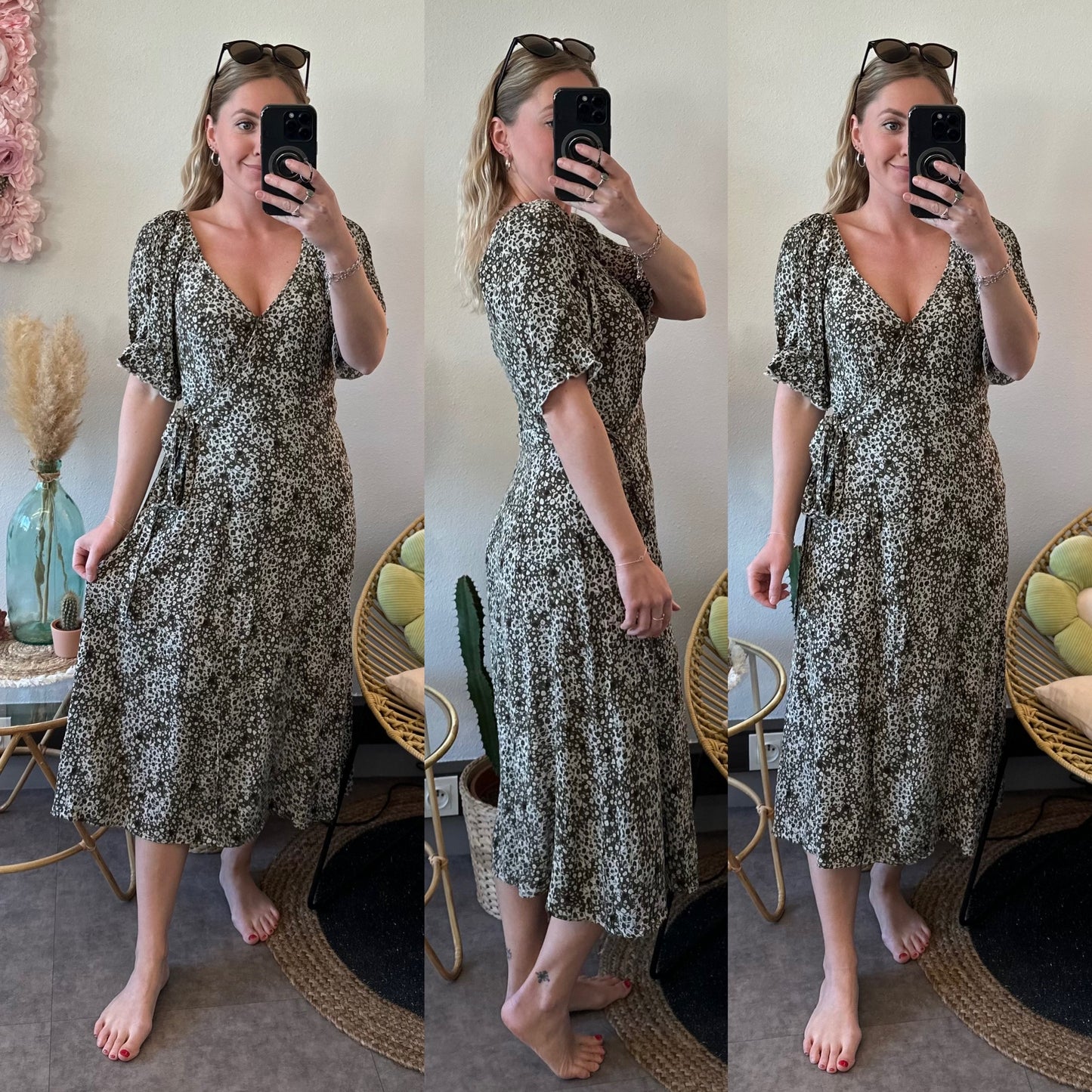 Robe longue portefeuille blanc kaki à motifs fleuris T.36