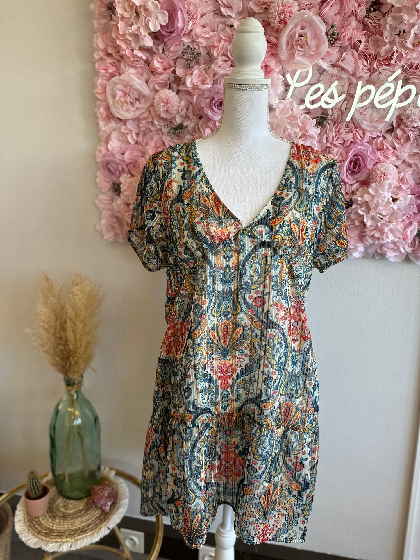 Robe midi évasée à motifs paisley cachemire colorés T.40