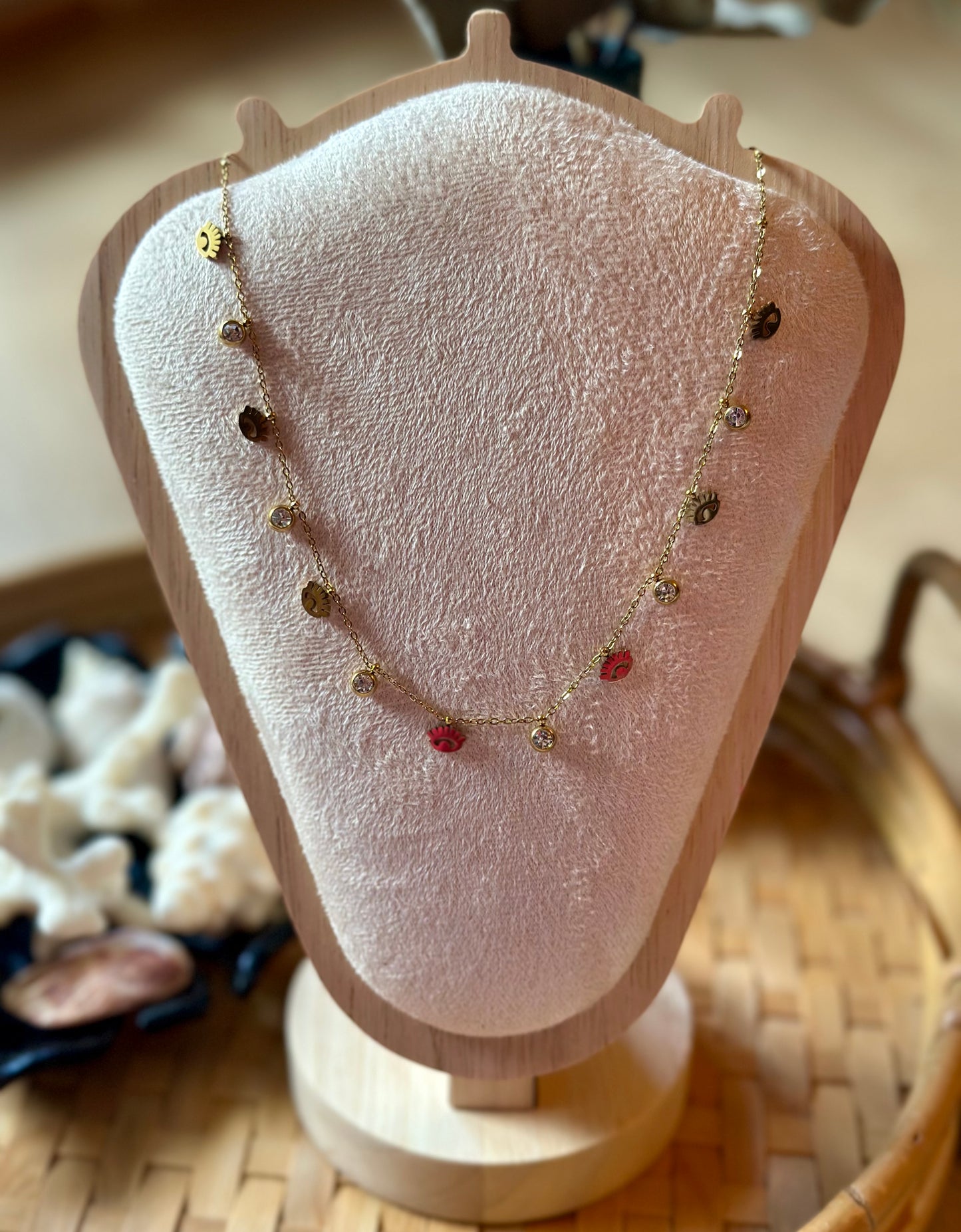 Collier doré en acier inoxydable – pampilles œil & strass (neuf)