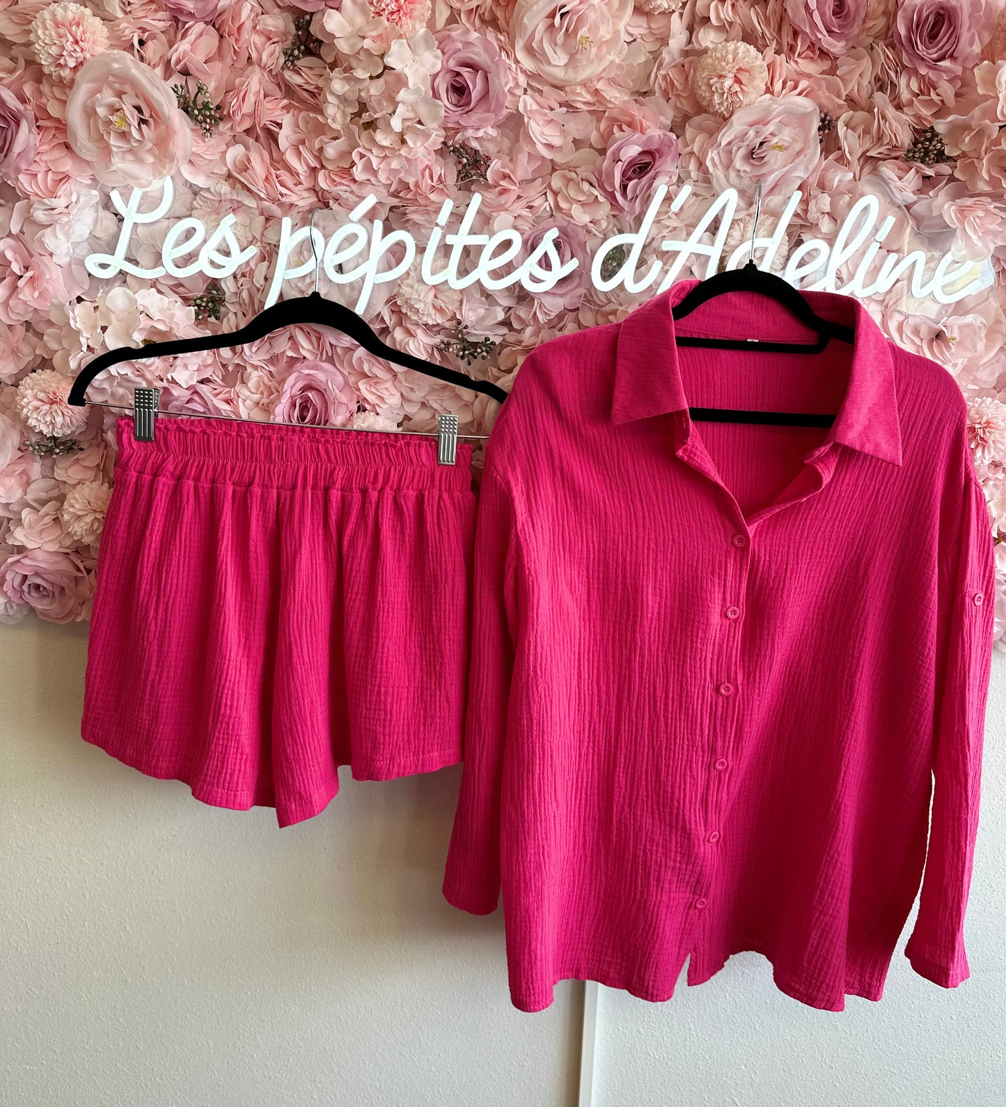 Ensemble deux pièces en gaze de coton rose T.36