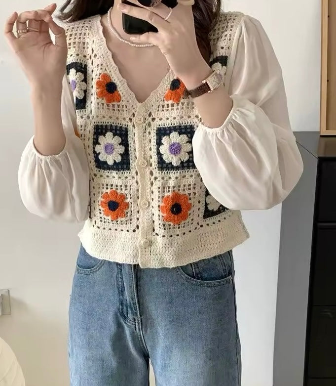 Cardigan en crochet fleuri multicolore T.36