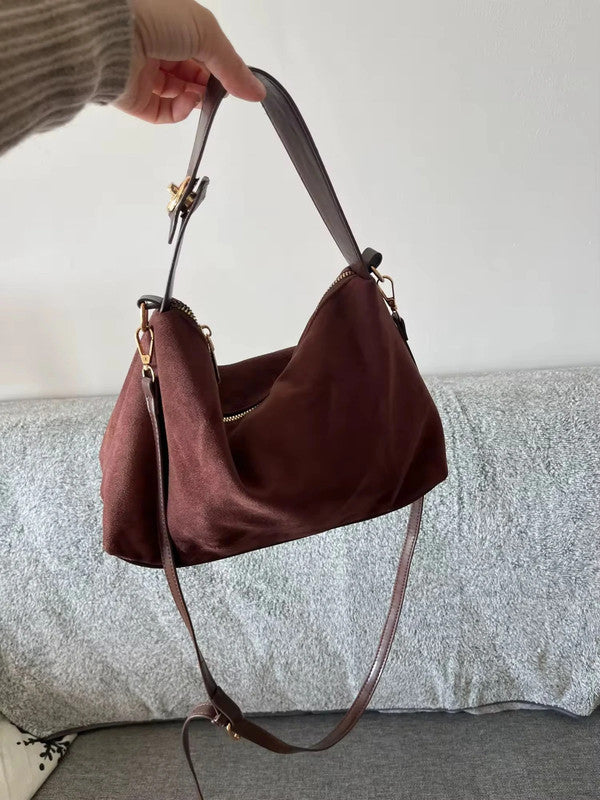 Sac marron suédine et similicuir détails dorés