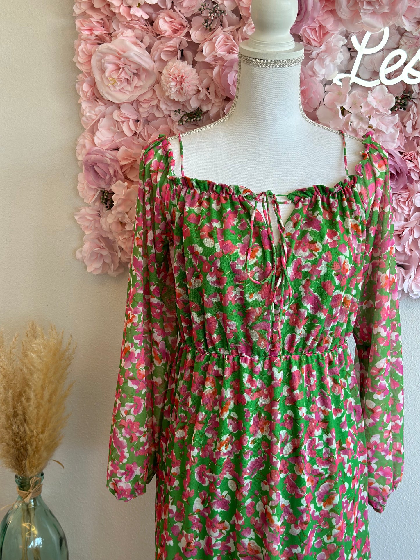 Robe longue d’été verte et rose à motifs fleuris, T.38