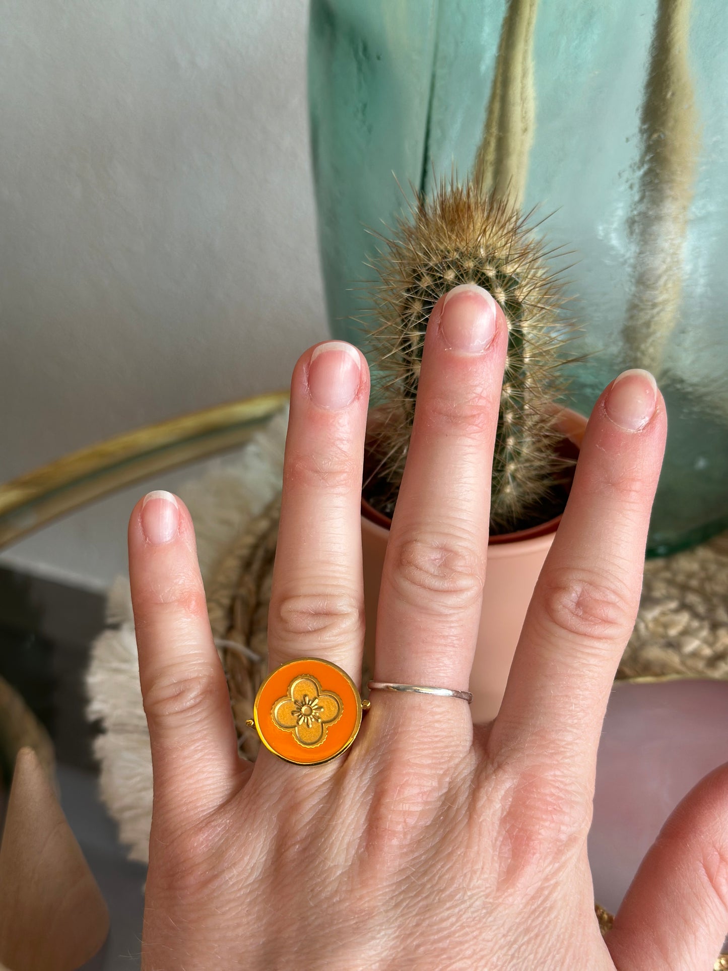 Bague trèfle ajustable en acier inoxydable, couleur orange ou rose