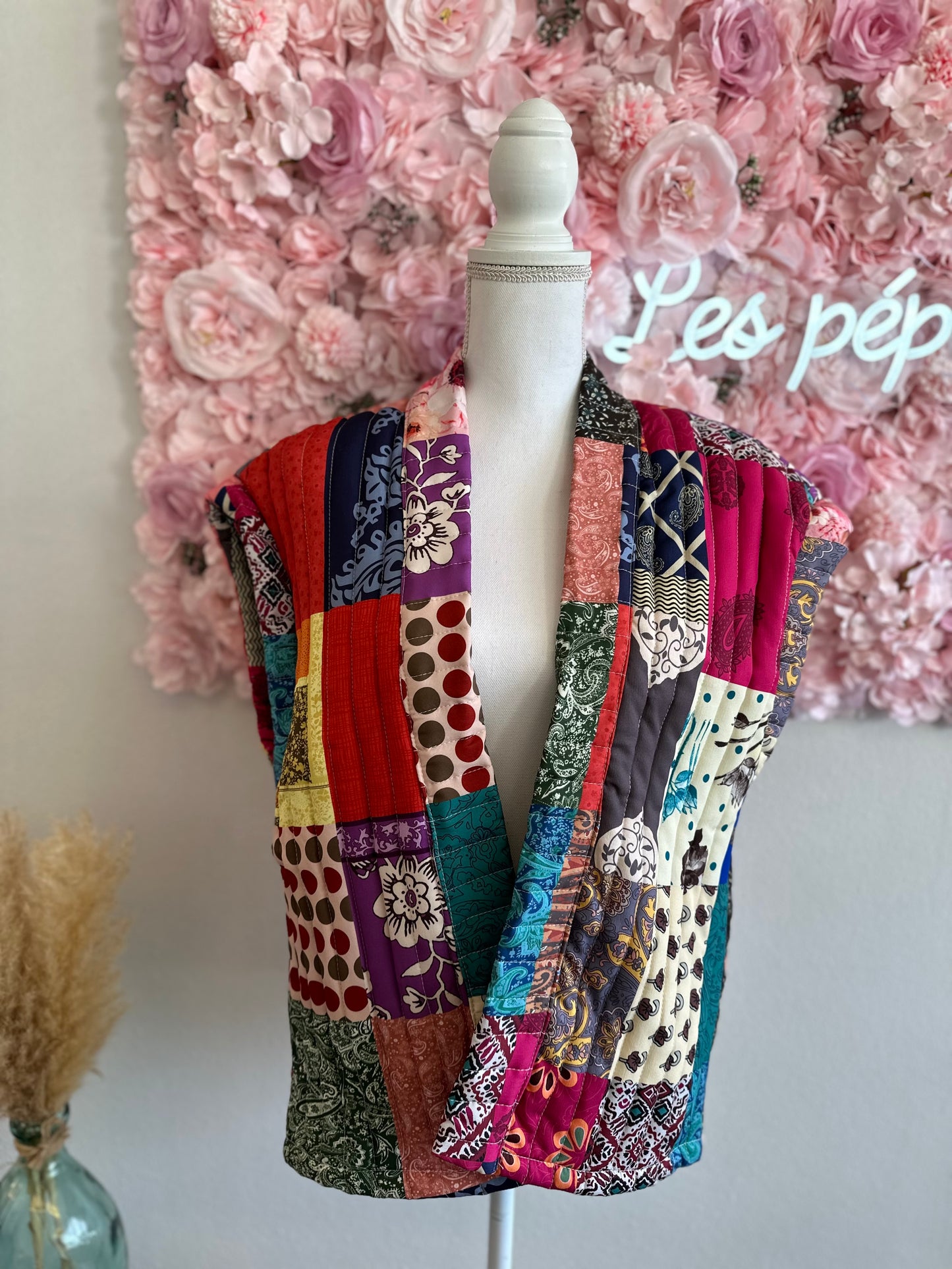 Gilet sans manches matelassé, patchwork coloré, T.U