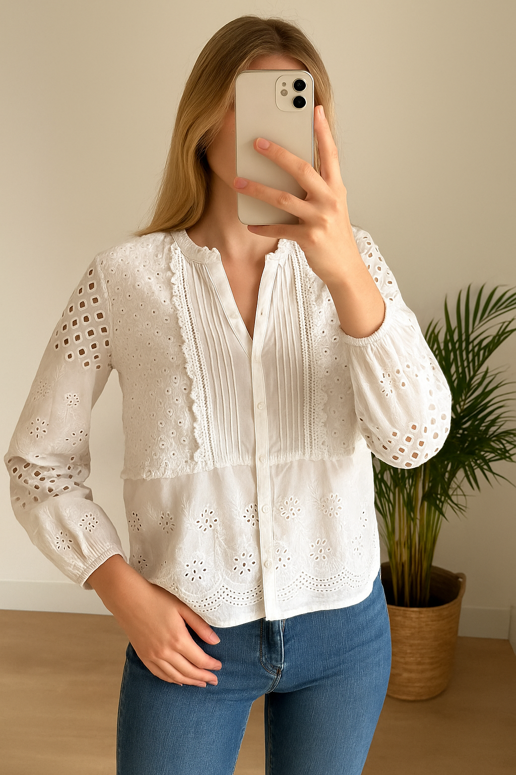 Blouse brodée blanche Zara en coton ajouré T.34/36 oversize