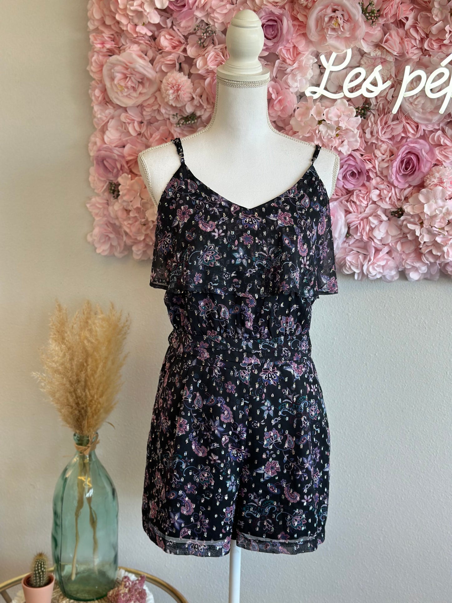 Combishort motifs fleuris lilas et lurex argenté, T.40