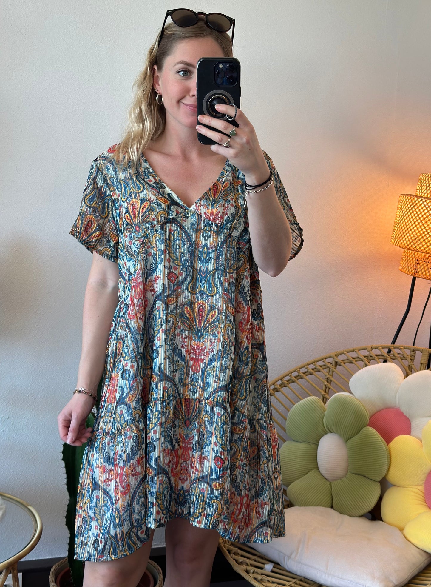 Robe midi évasée à motifs paisley cachemire colorés T.40