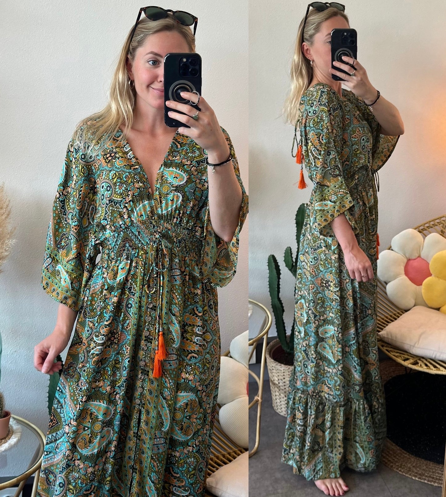 Robe longue bohème verte avec motifs fleuris et paisley, T.U