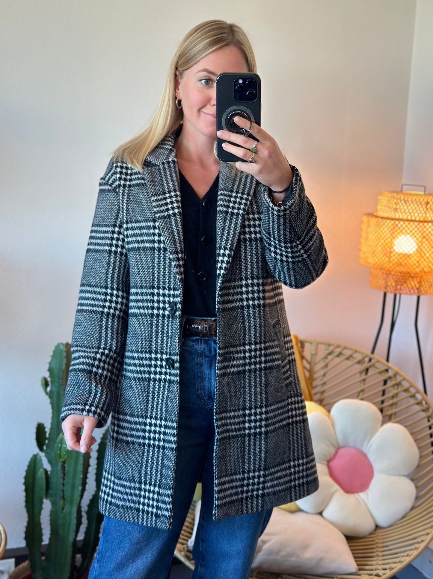 Manteau long pied de poule effet laine T.34