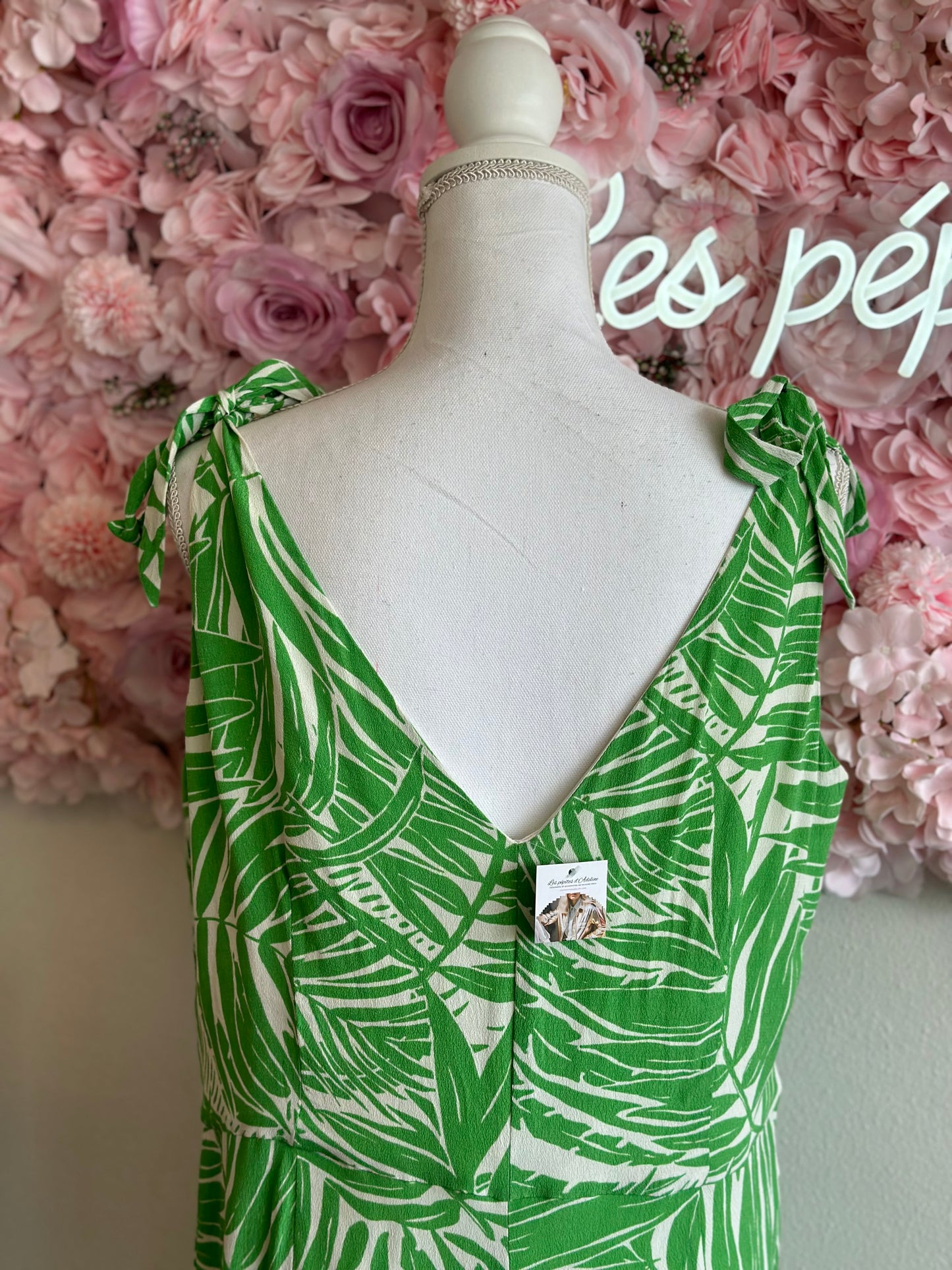 Combinaison estivale fluide à motifs tropicaux verts et blancs, T.42